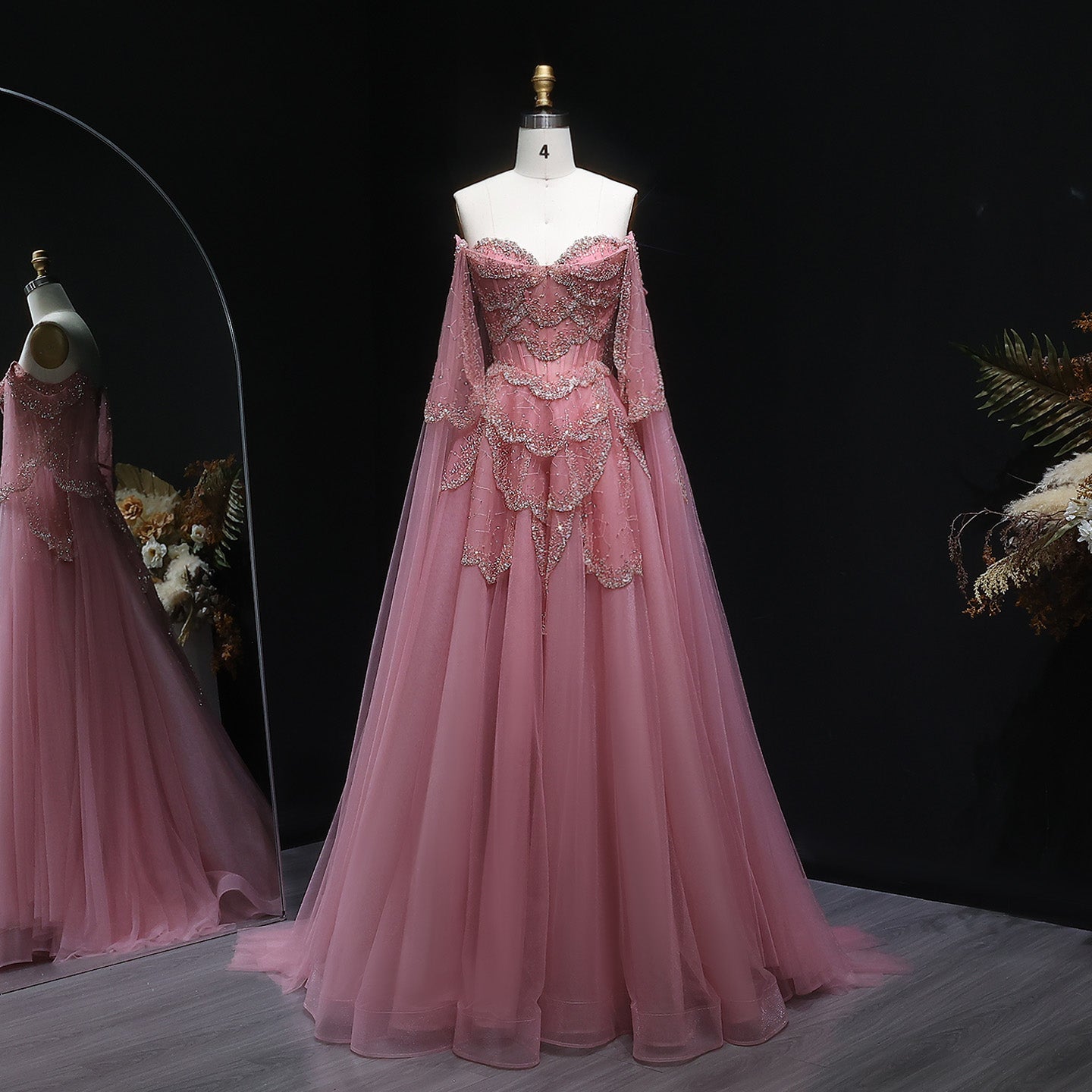 Elegant Off Shoulder Sage Green Evening Dress with Cape Sleeves SS215  Pink / US 16