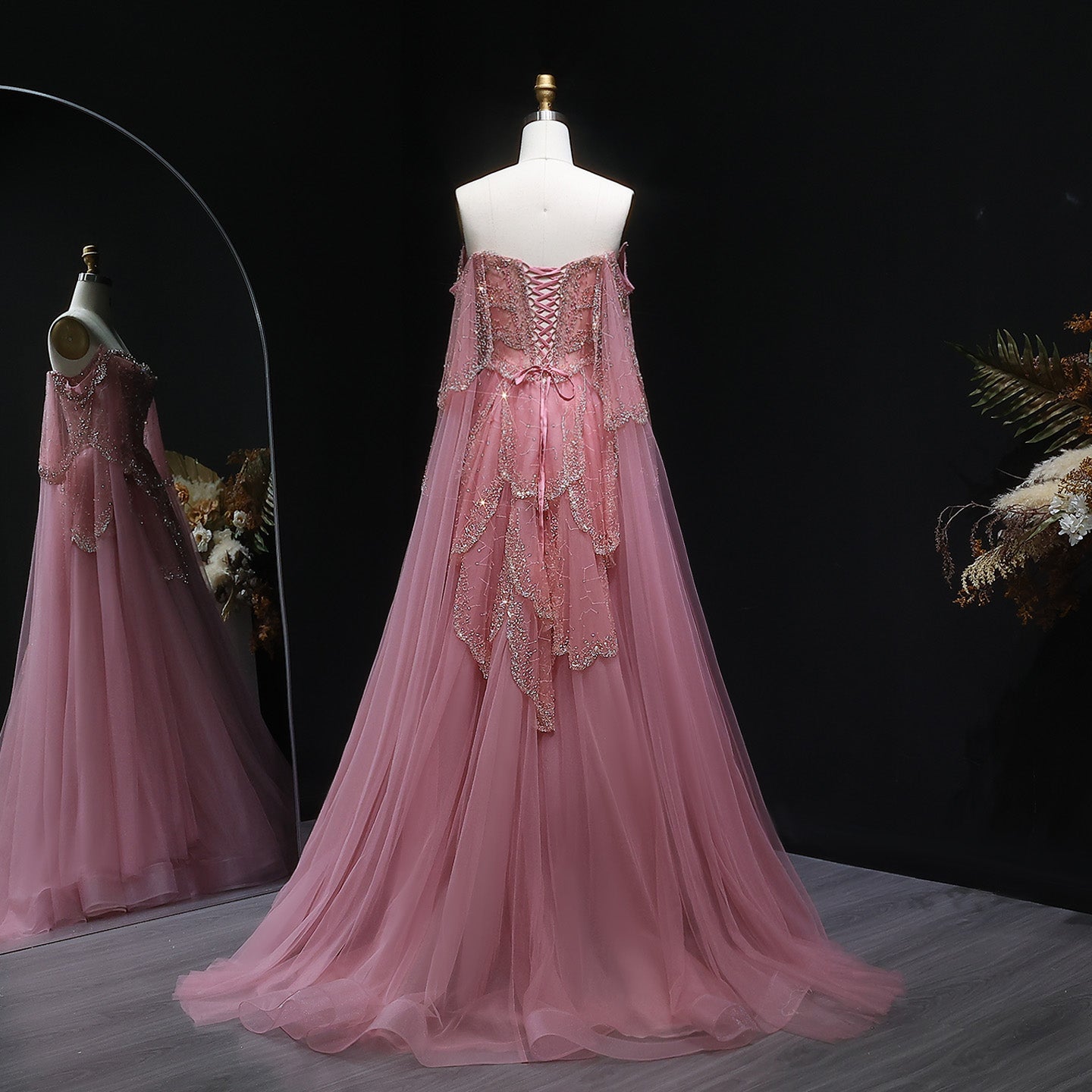 Elegant Off Shoulder Sage Green Evening Dress with Cape Sleeves SS215