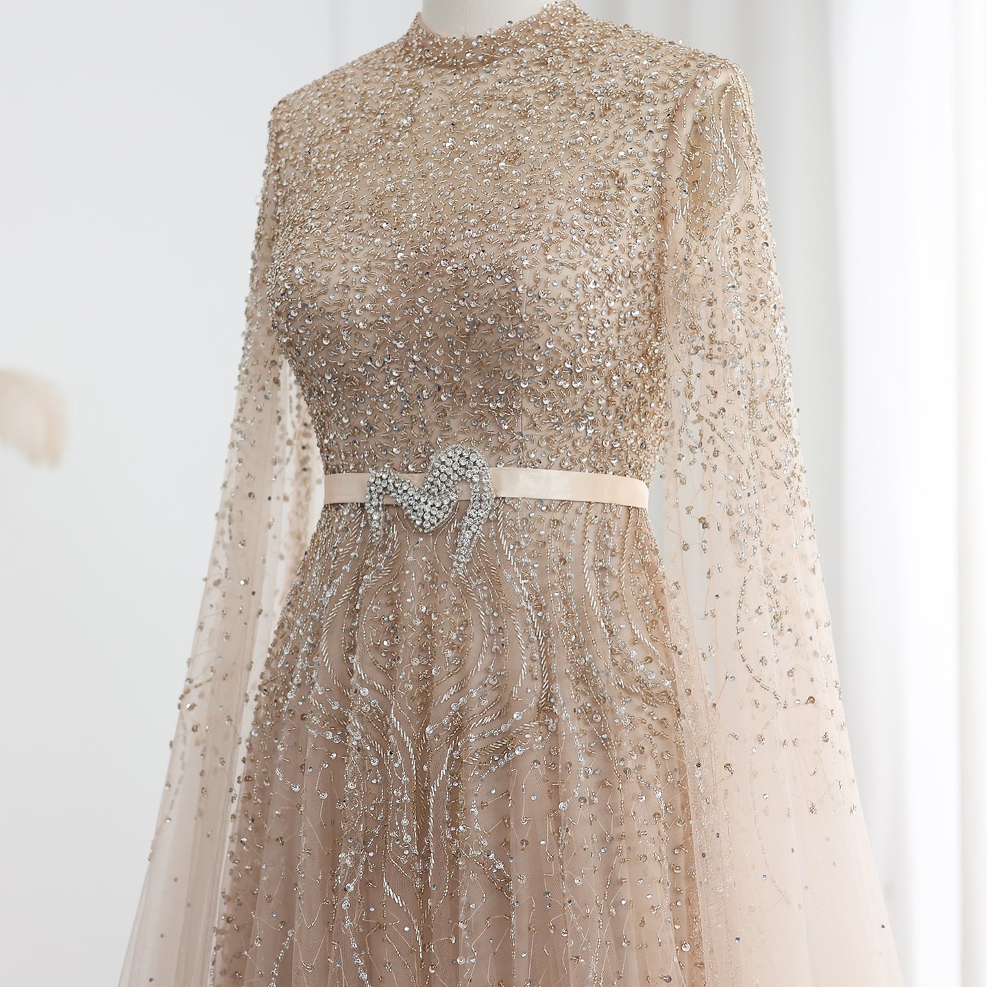 Luxury Blue High Neck Evening Dress with Cape Sleeves SS451