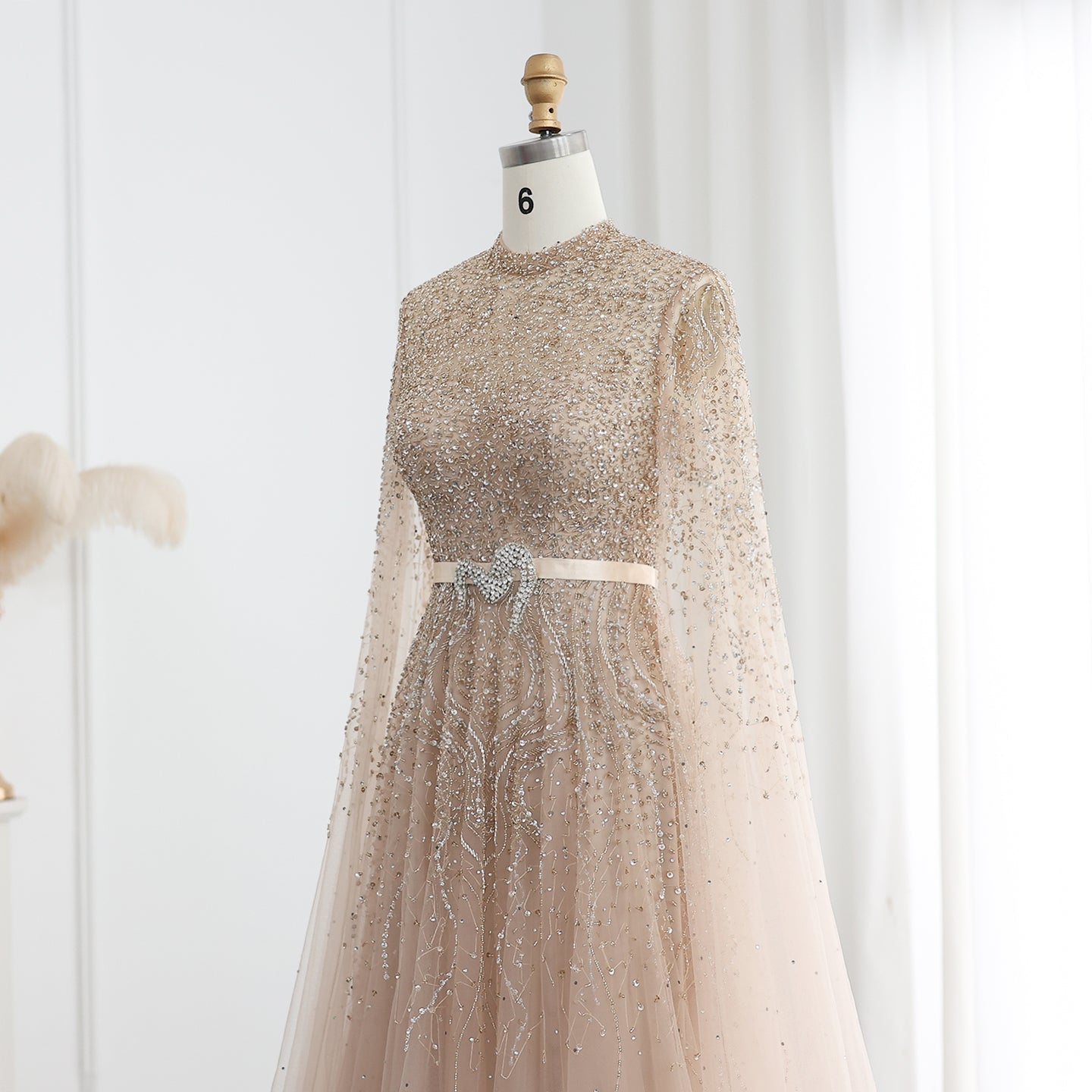 Luxury Blue High Neck Evening Dress with Cape Sleeves SS451