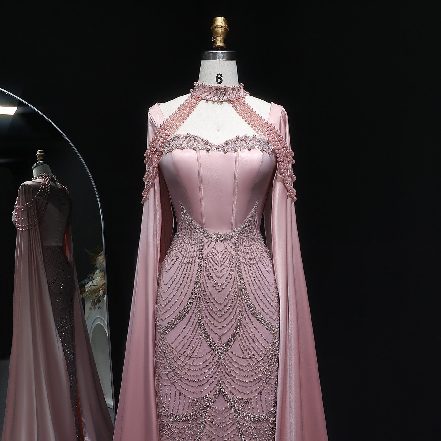Luxury Pink Beaded Evening Dress with Cape Sleeves SS662