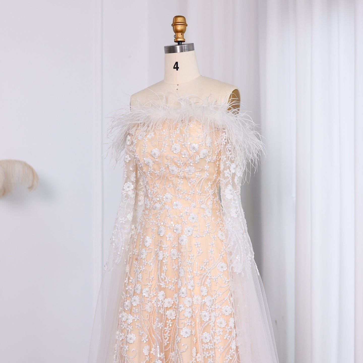 Off Shoulder Feathers Brown Evening Dress with Cape Sleeves SS707