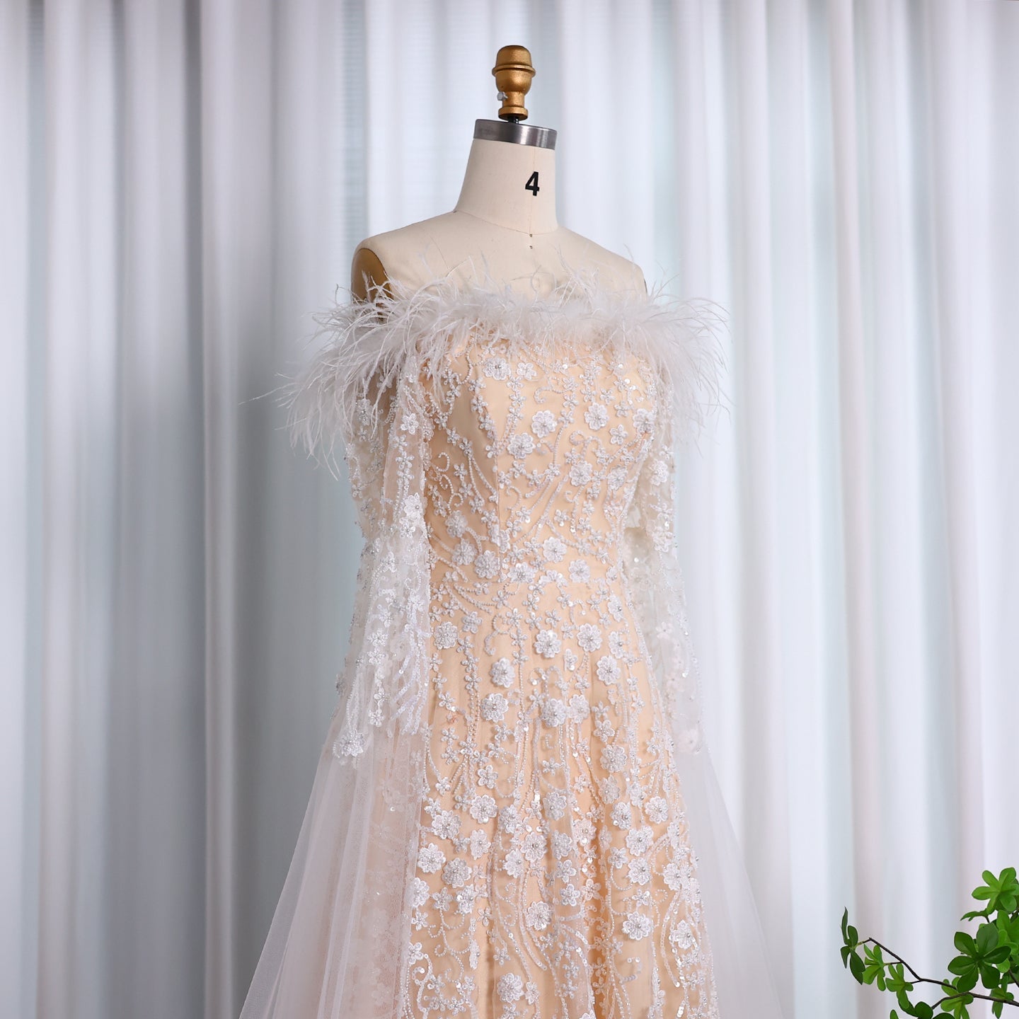 Off Shoulder Feathers Brown Evening Dress with Cape Sleeves SS707