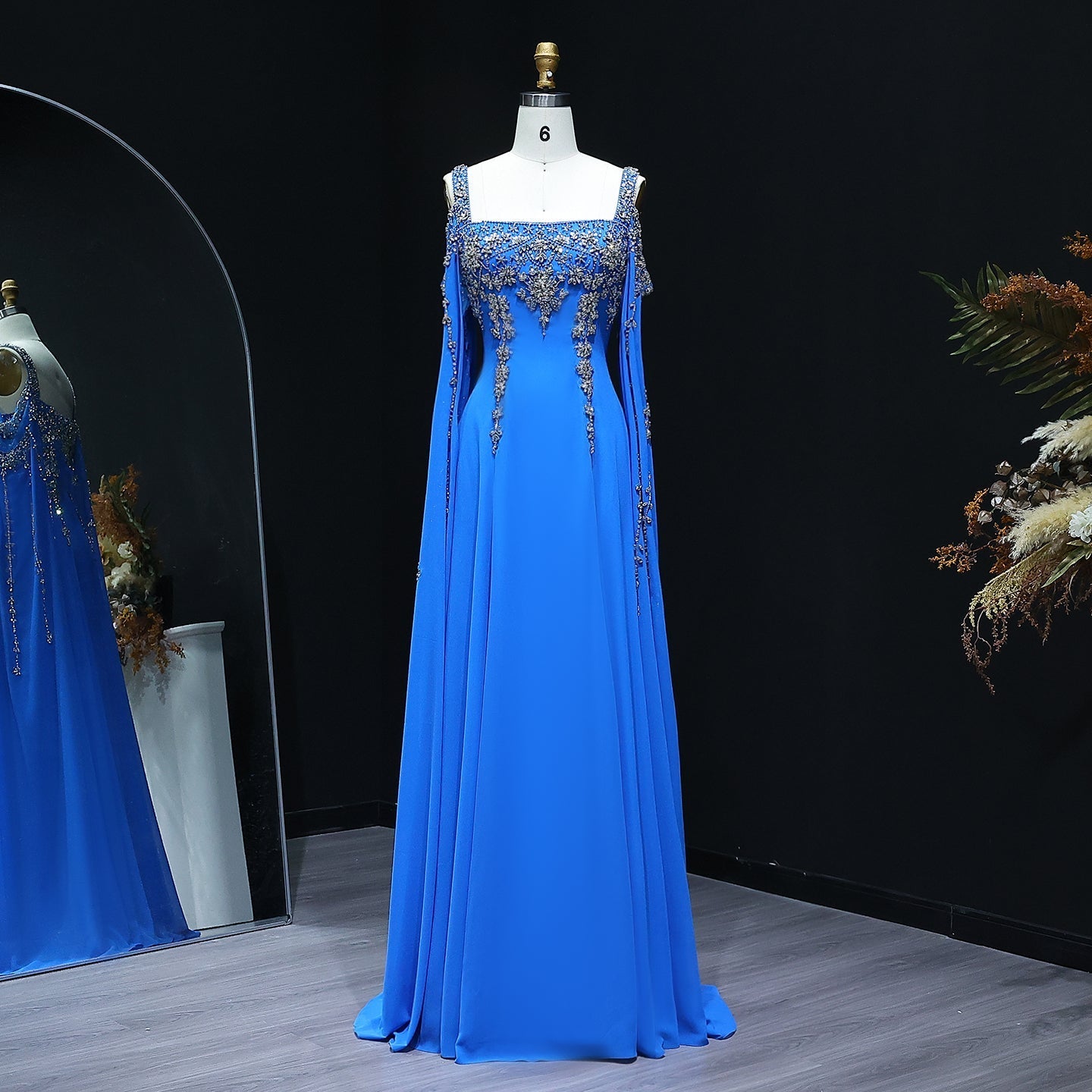 Chic Blue Crystal  Evening Dress with Flowing Cape Sleeve SS305  Blue / US 16