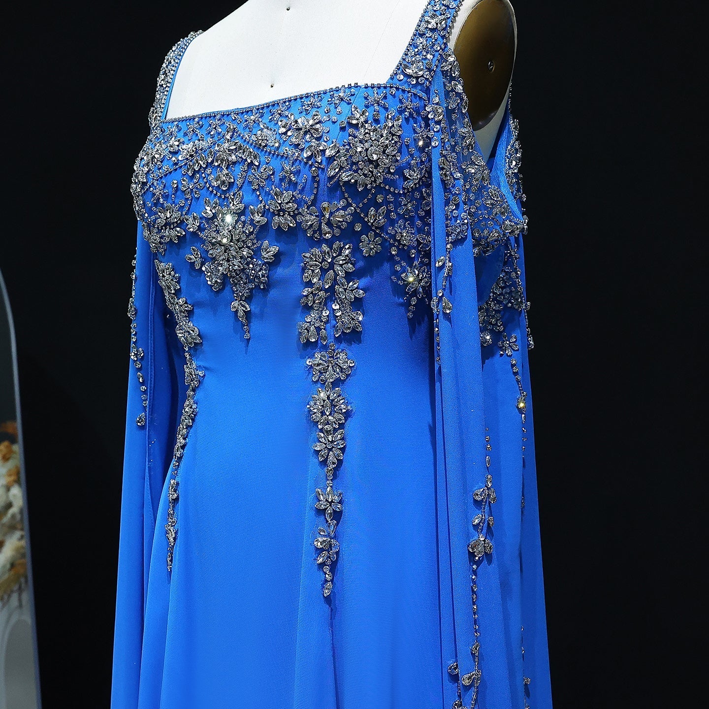 Chic Blue Crystal  Evening Dress with Flowing Cape Sleeve SS305