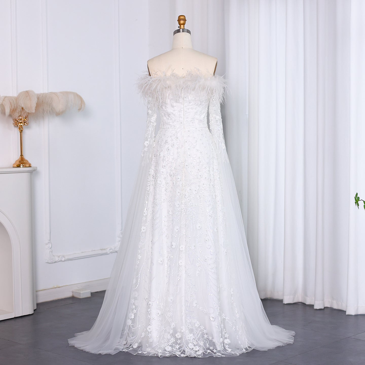 Off Shoulder Feathers Brown Evening Dress with Cape Sleeves SS707