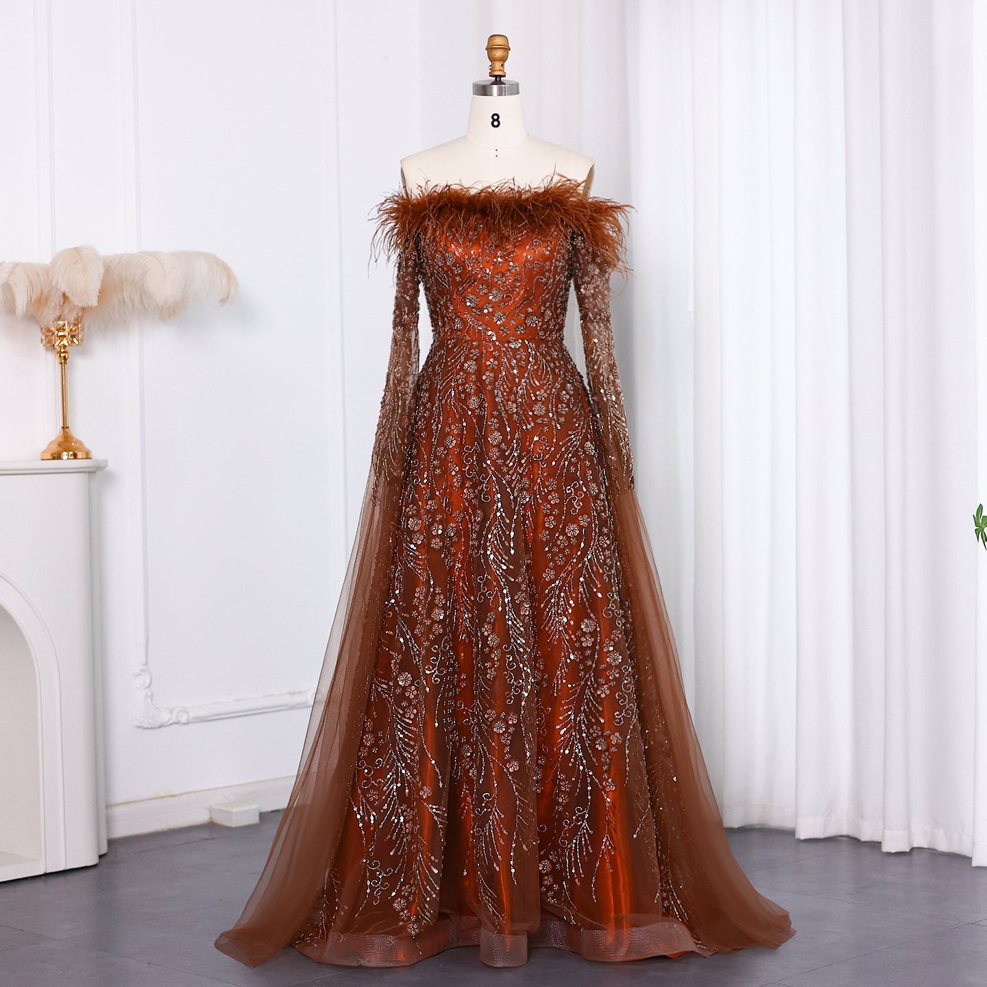 Off Shoulder Feathers Brown Evening Dress with Cape Sleeves SS707  Brown / US 20