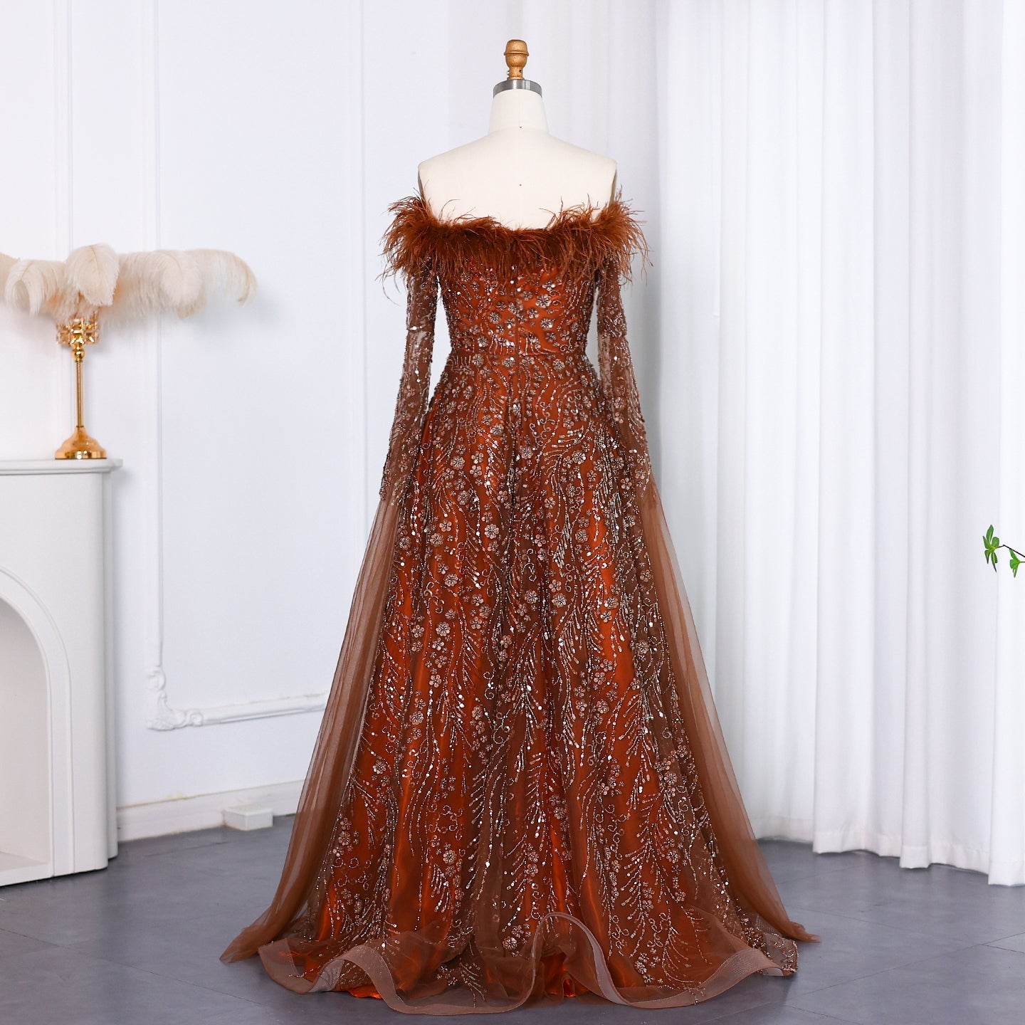 Off Shoulder Feathers Brown Evening Dress with Cape Sleeves SS707