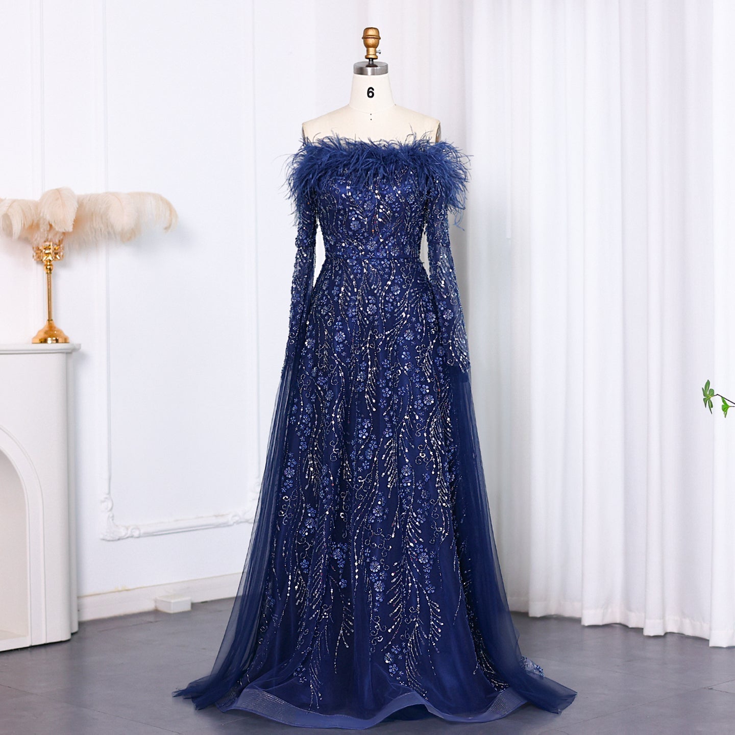 Off Shoulder Feathers Brown Evening Dress with Cape Sleeves SS707  Navy Blue / US 20