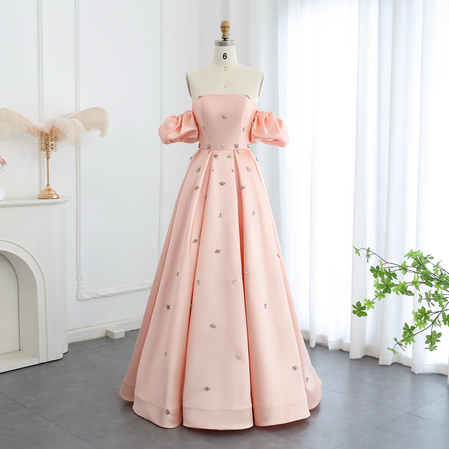 For Sale Crystal Blush Pink Satin Off-Shoulder Evening Dresses SS442  Pink / US 16