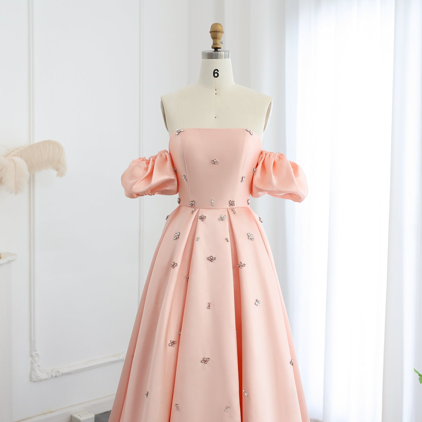 For Sale Crystal Blush Pink Satin Off-Shoulder Evening Dresses SS442