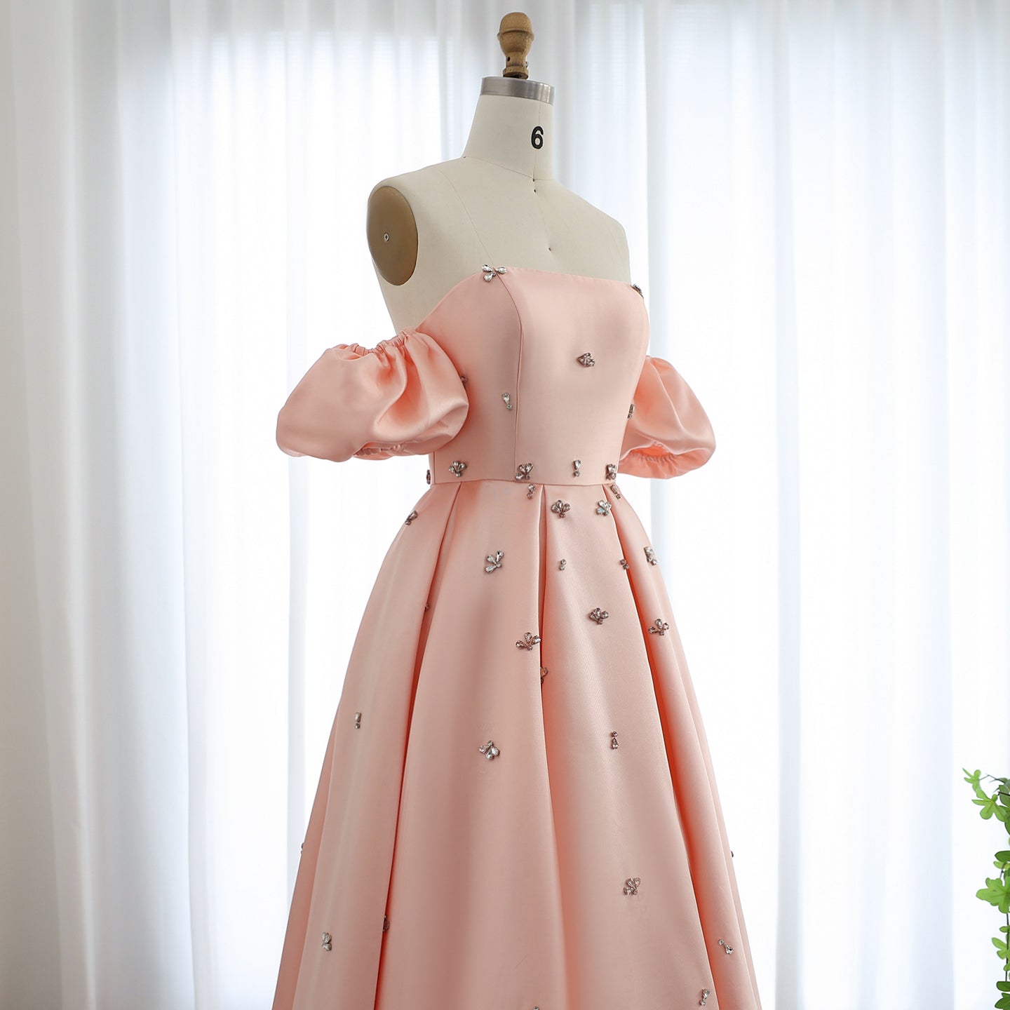 For Sale Crystal Blush Pink Satin Off-Shoulder Evening Dresses SS442