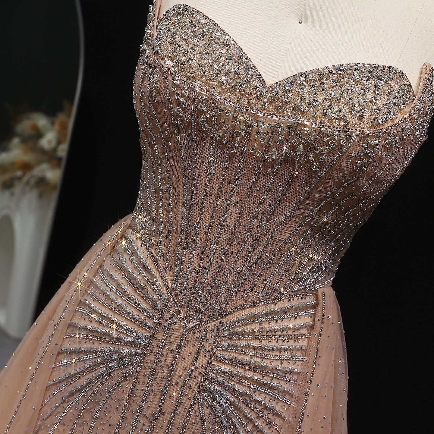 Sparkle Strapless Champagne Evening Dress with Overskirt SS360