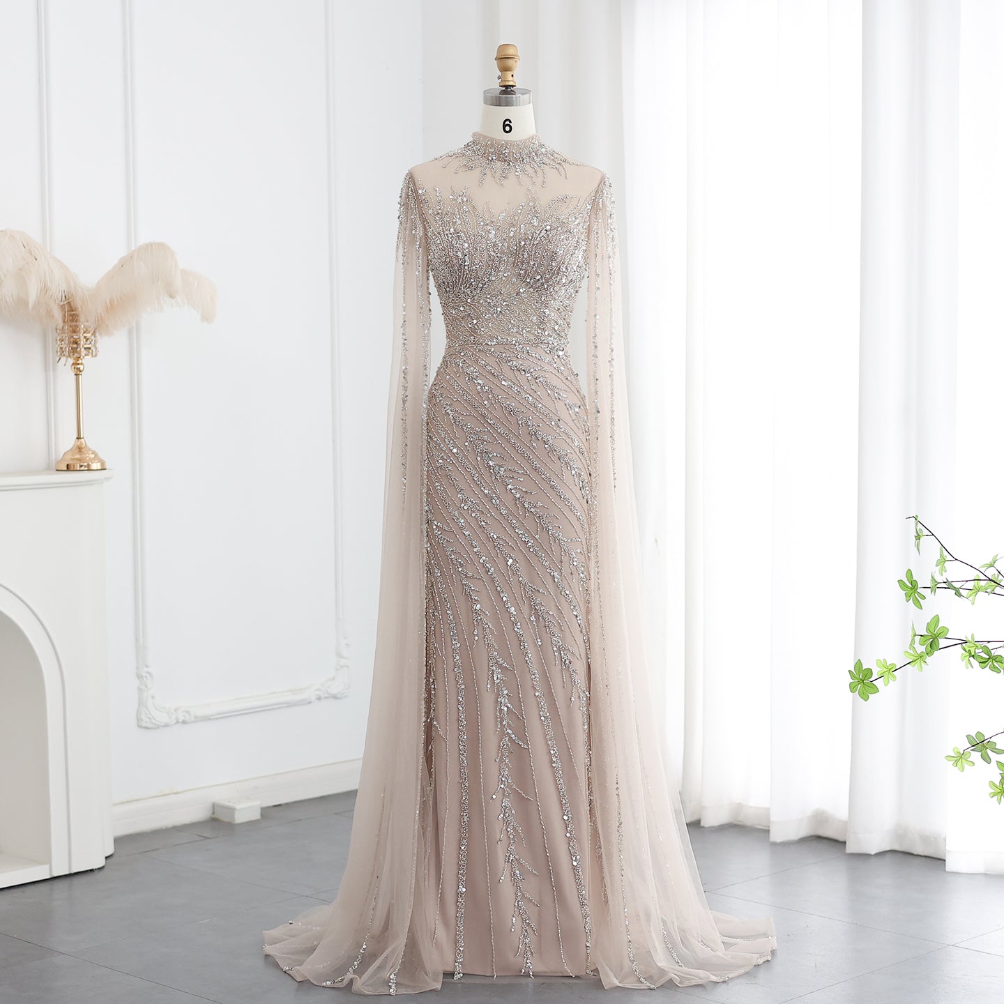 Luxury Black High Neck Evening Dress with Cape Sleeves SS162  Nude / US 18