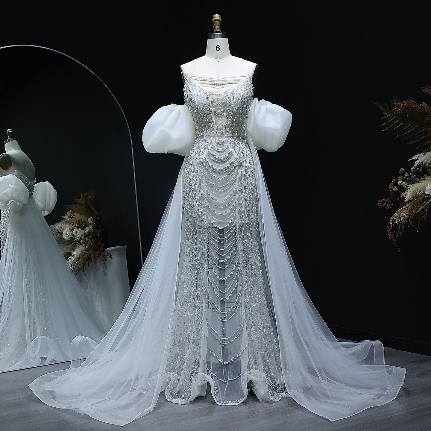 Luxury Pearls Tassel Purple Evening Dress with Cape SS199  White / US 16