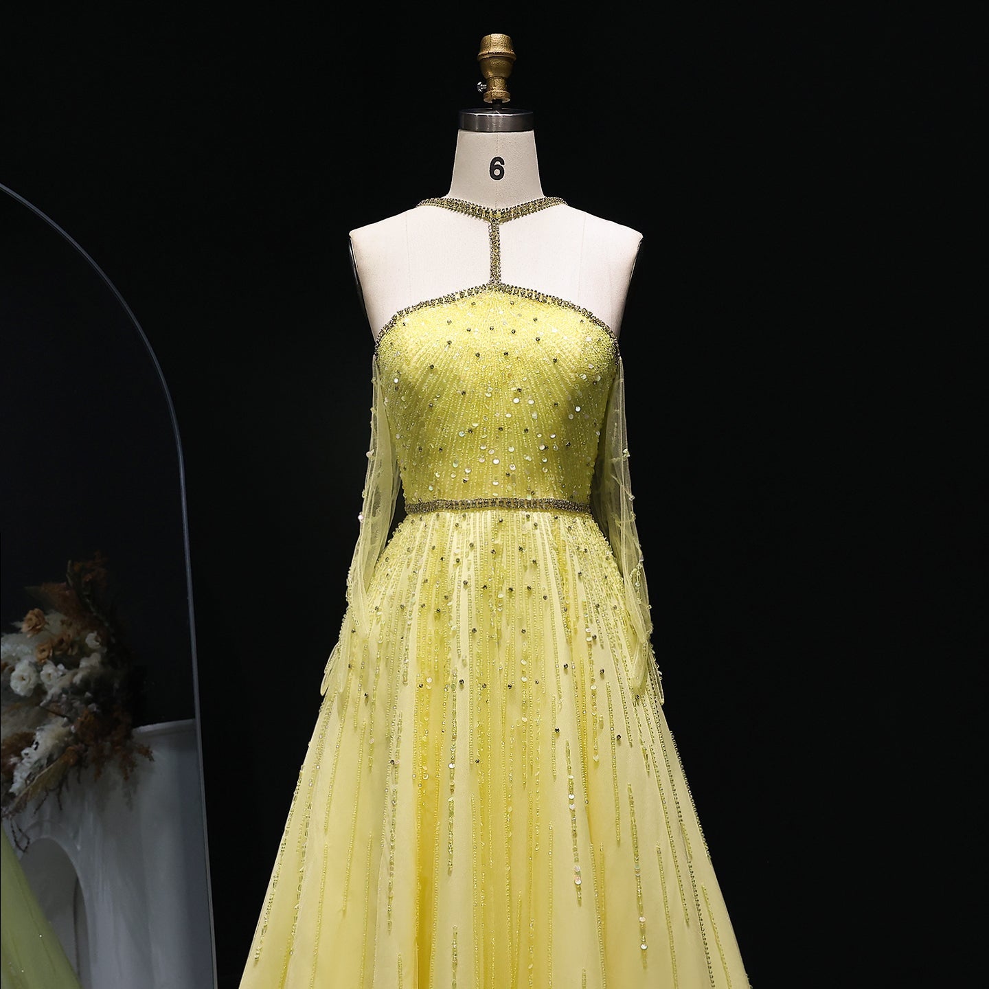Sparkly Beaded Yellow Halter Evening Dress with Gloves SS313