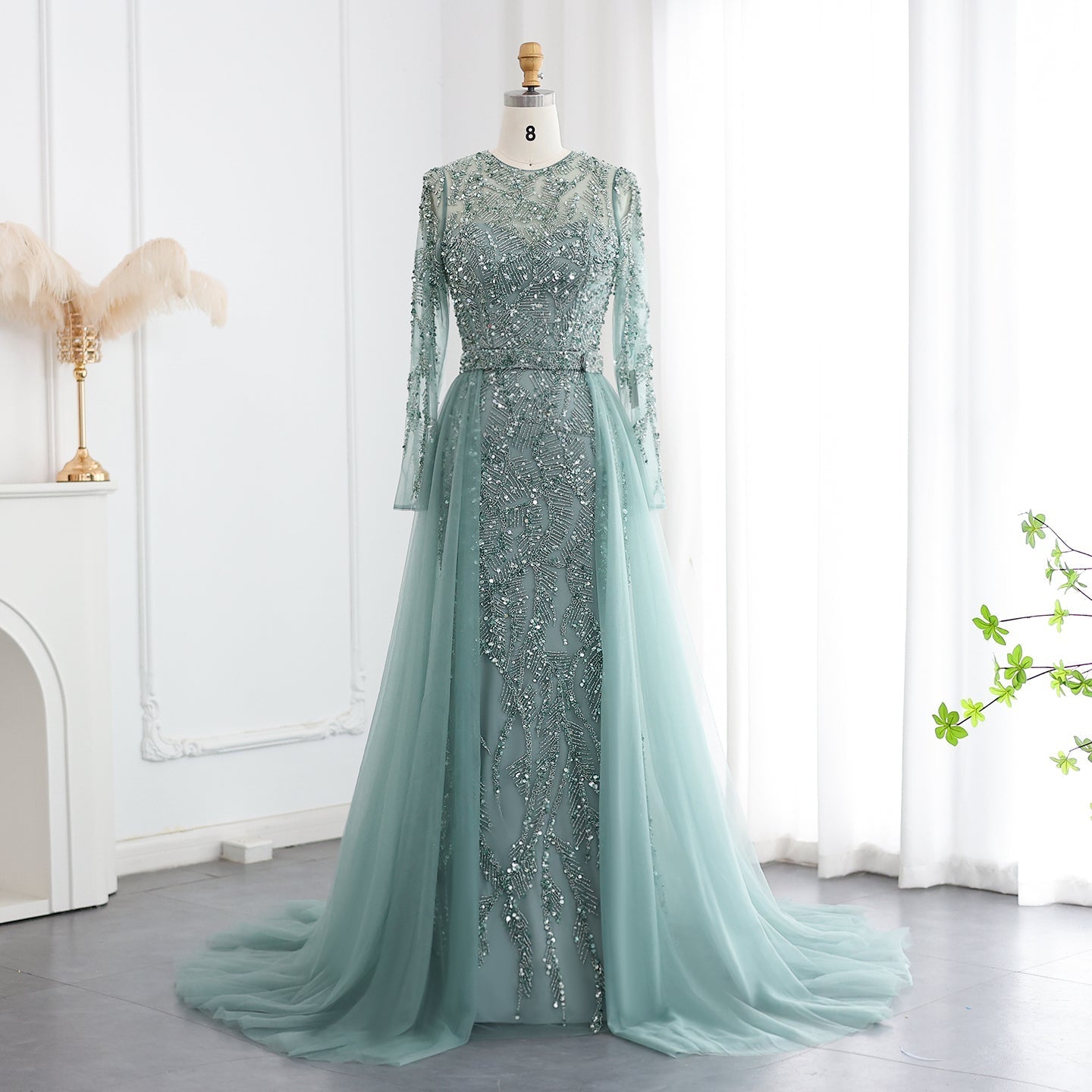 Luxury Turquoise Long Sleeve Evening Dress with Overskirt SS183  Turquoise / US 18