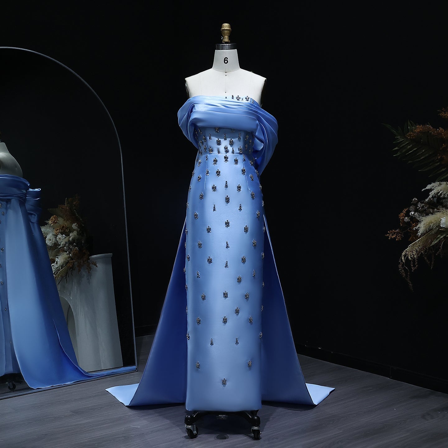 Elegant Crystal Off Shoulder Blue Evening Dress with Overskirt SS270  Blue / US 18