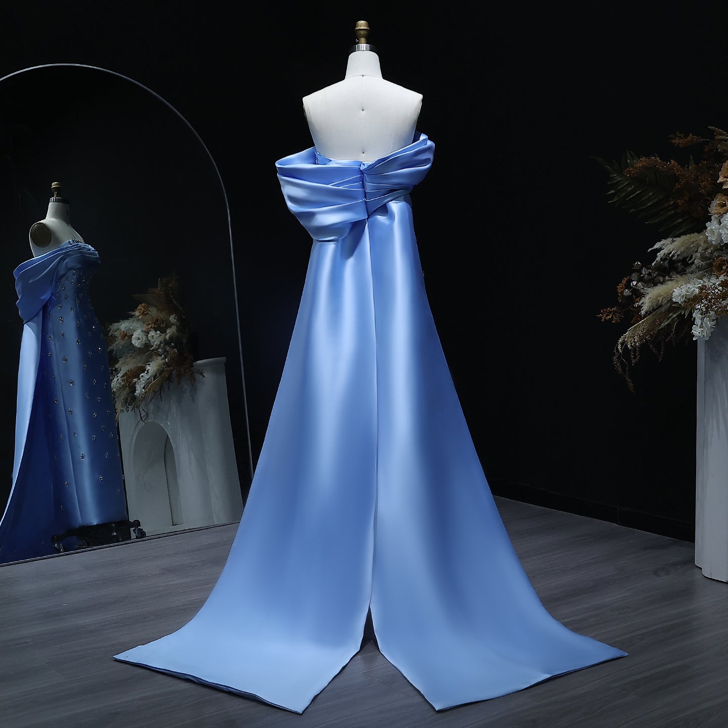 Elegant Crystal Off Shoulder Blue Evening Dress with Overskirt SS270