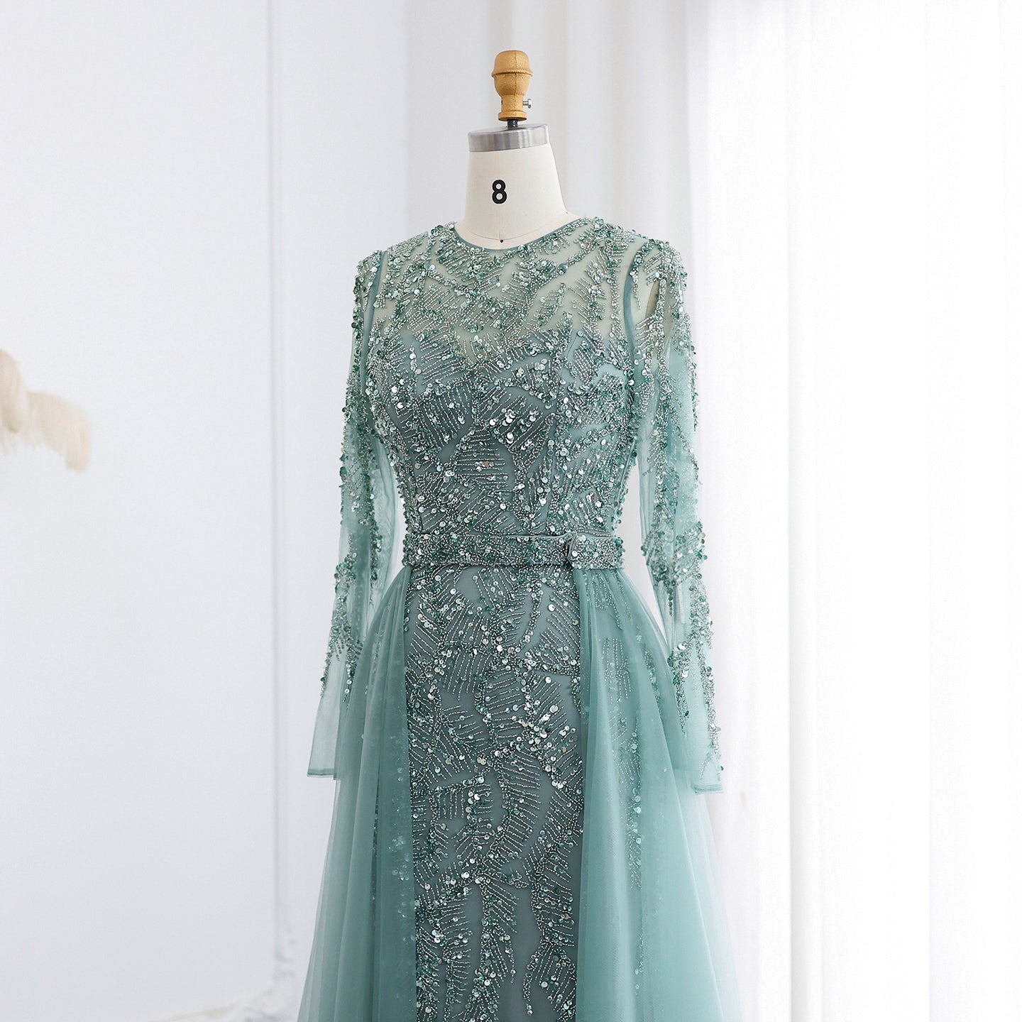 Luxury Turquoise Long Sleeve Evening Dress with Overskirt SS183