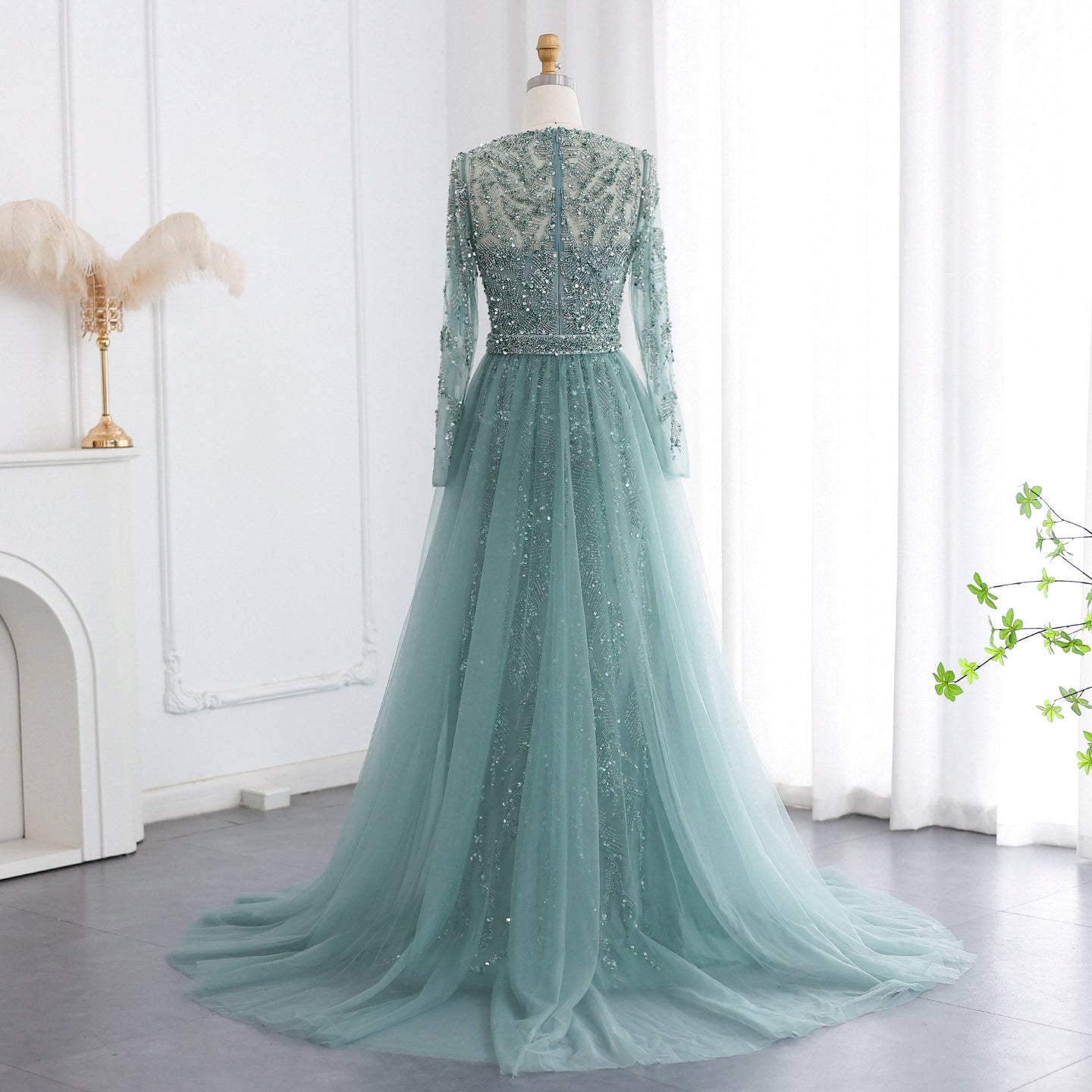 Luxury Turquoise Long Sleeve Evening Dress with Overskirt SS183