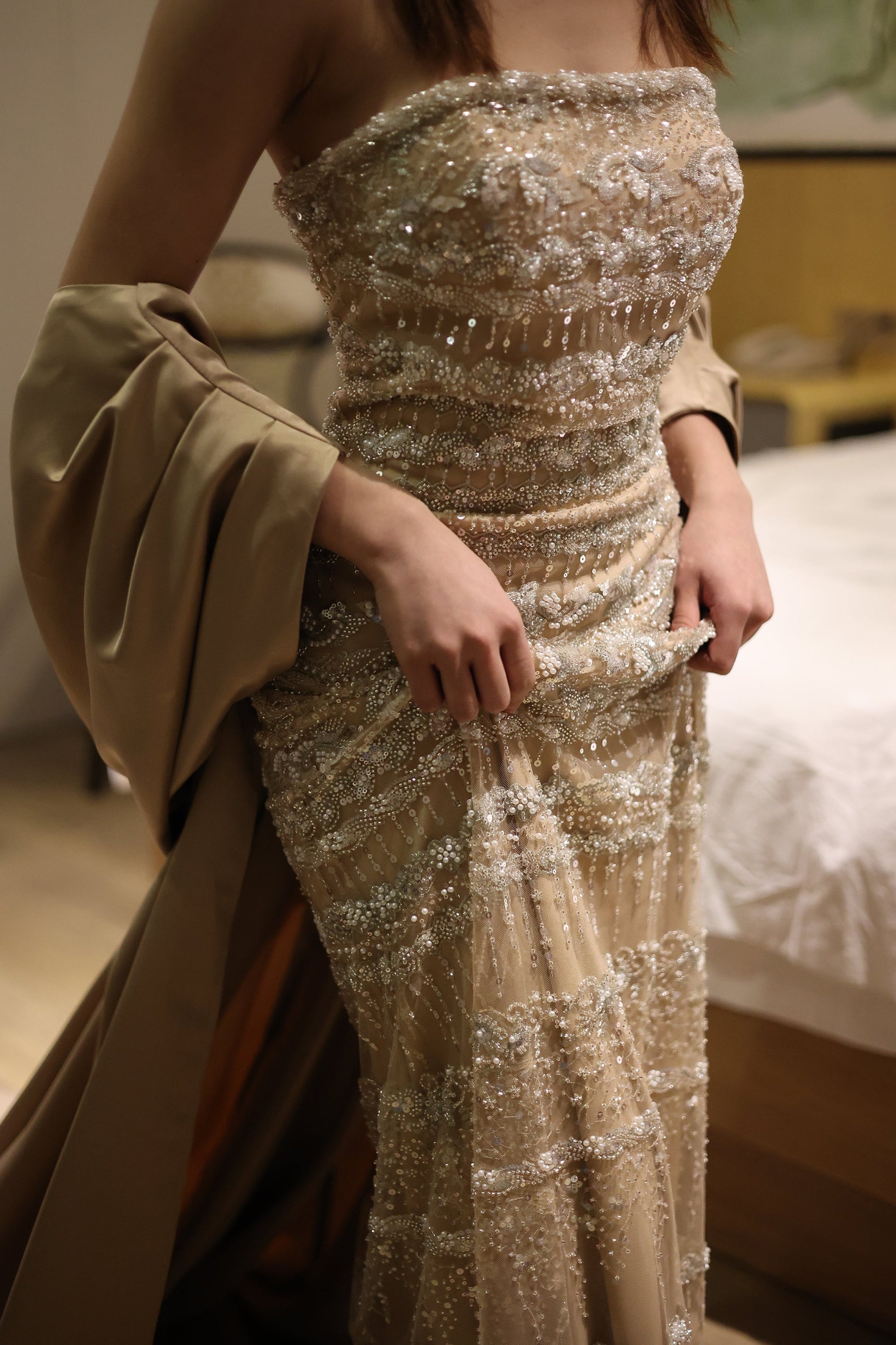 Luxury Sage Green Beaded Evening Dress with Cape SS238