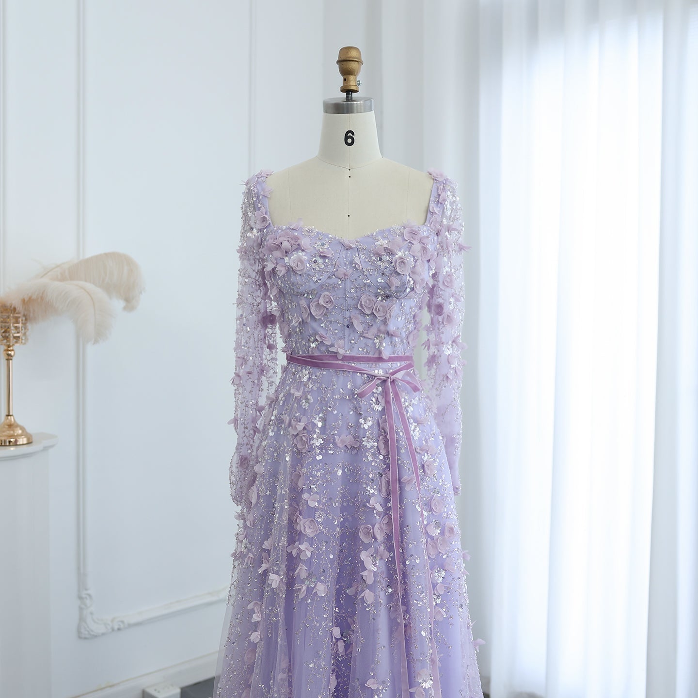 Luxury 3D Flower Gray Long Sleeves Evening Dress SS353