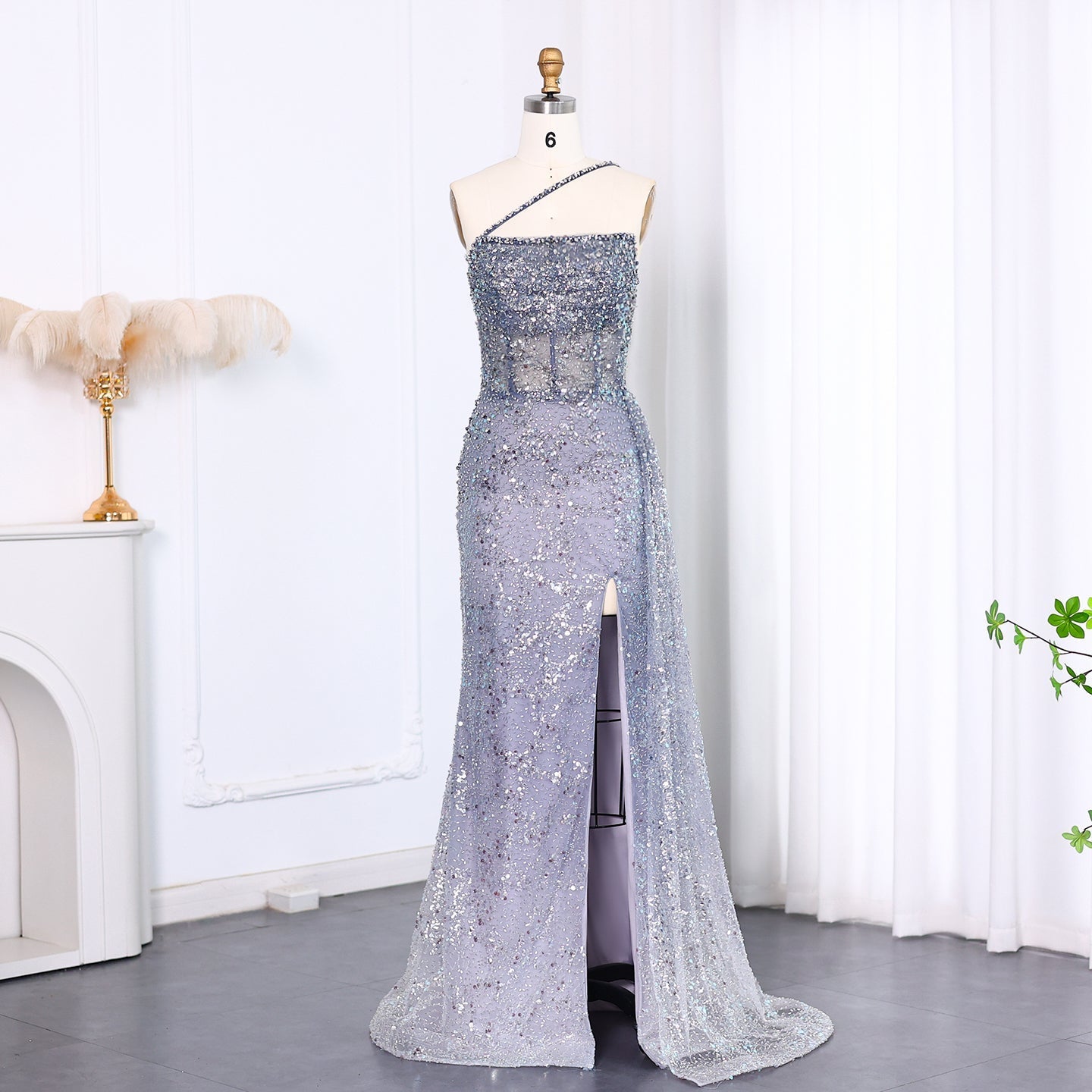Luxury Blue One Shoulder Evening Dress with Overskirt SS710  Light Blue / US 20