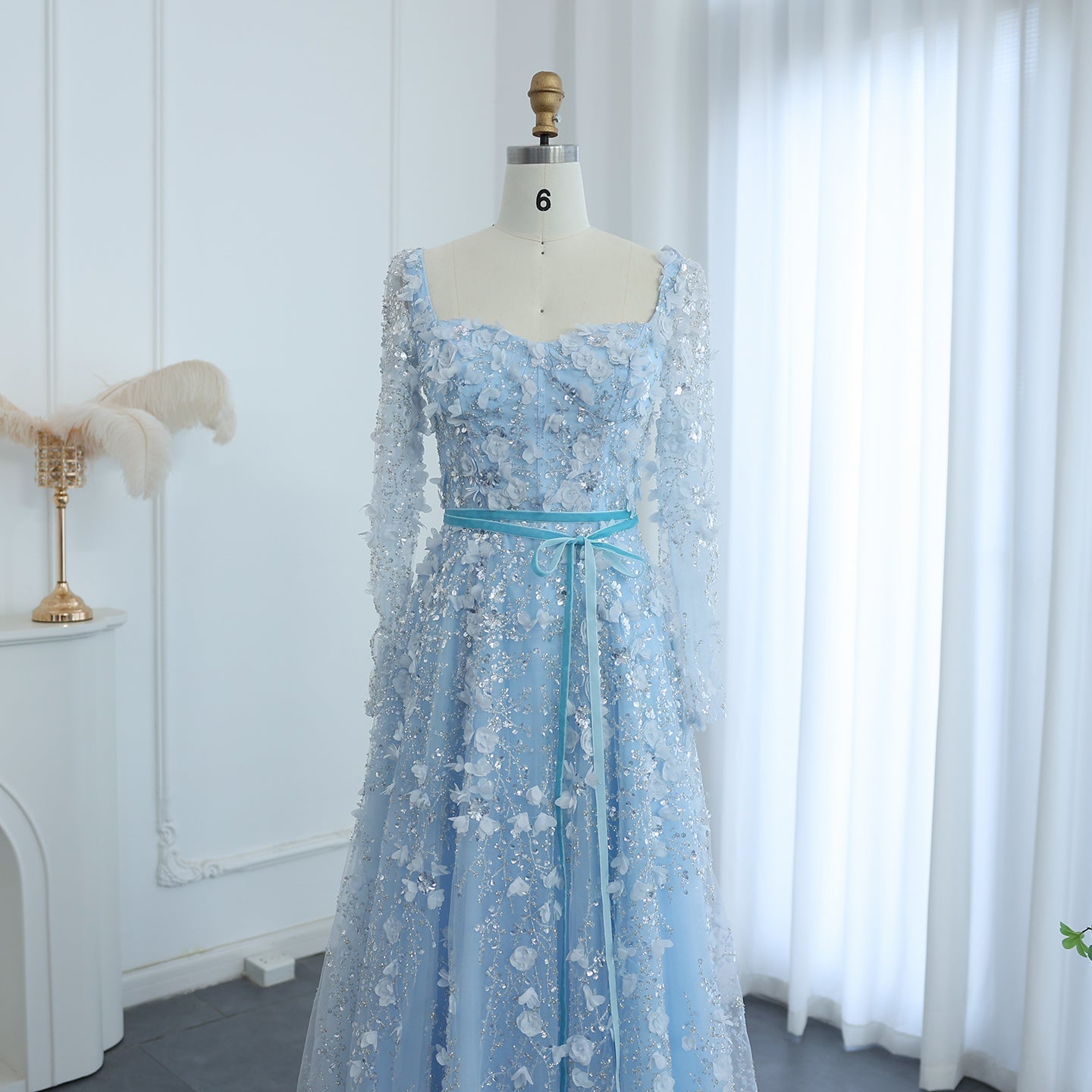 Luxury 3D Flower Gray Long Sleeves Evening Dress SS353