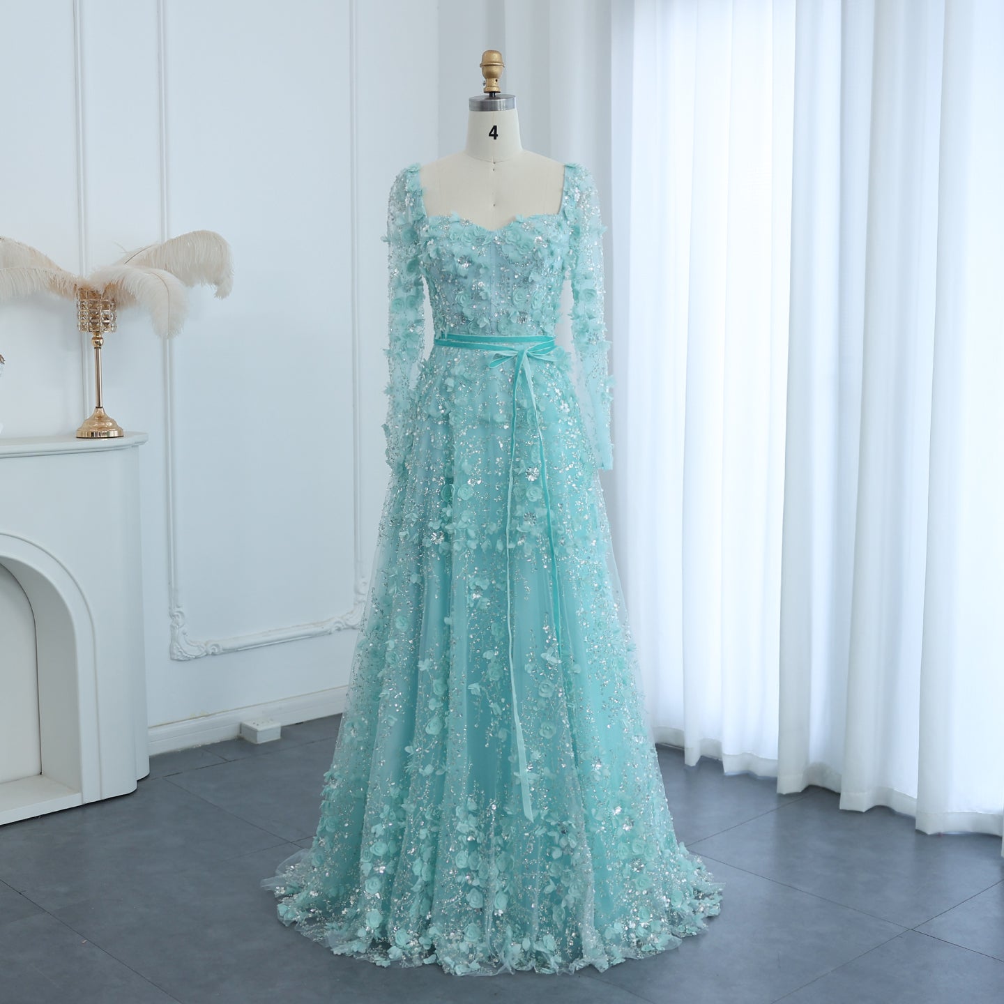 Luxury 3D Flower Gray Long Sleeves Evening Dress SS353  Turquoise / US 20