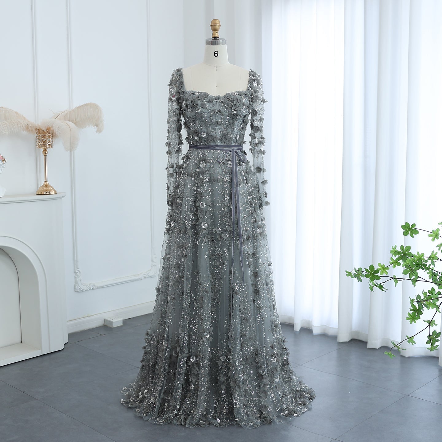 Luxury 3D Flower Gray Long Sleeves Evening Dress SS353  Gray / US 20