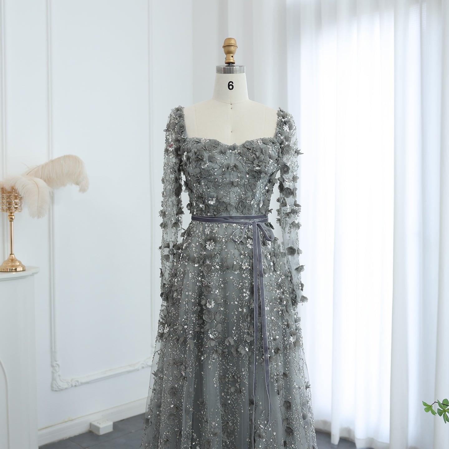 Luxury 3D Flower Gray Long Sleeves Evening Dress SS353