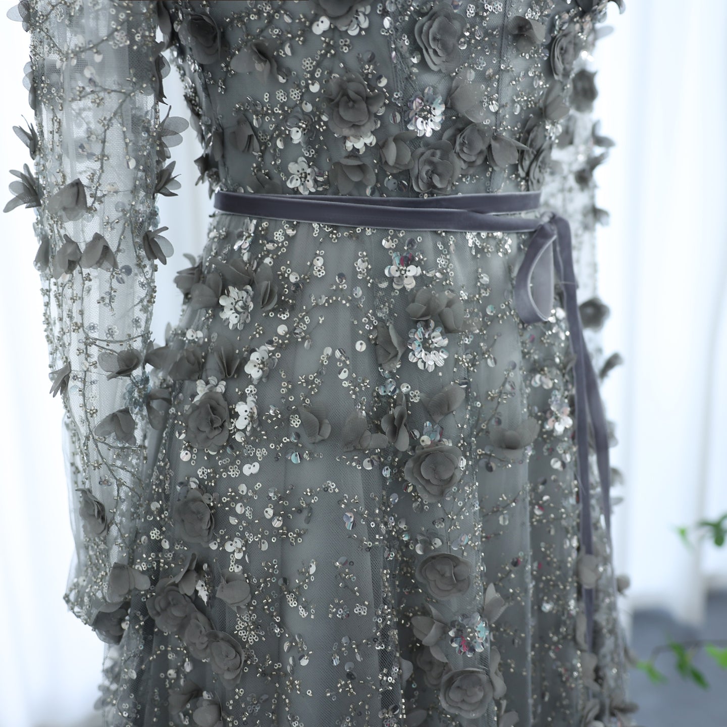 Luxury 3D Flower Gray Long Sleeves Evening Dress SS353