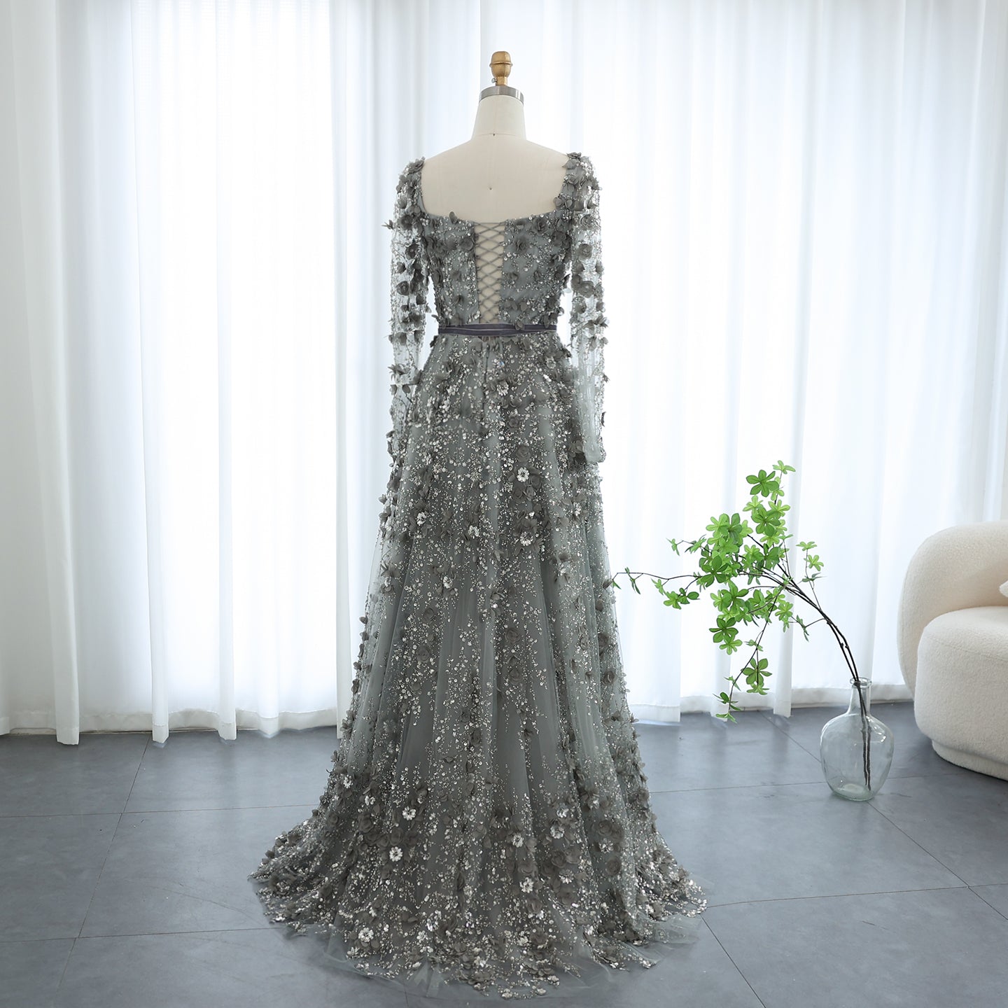 Luxury 3D Flower Gray Long Sleeves Evening Dress SS353