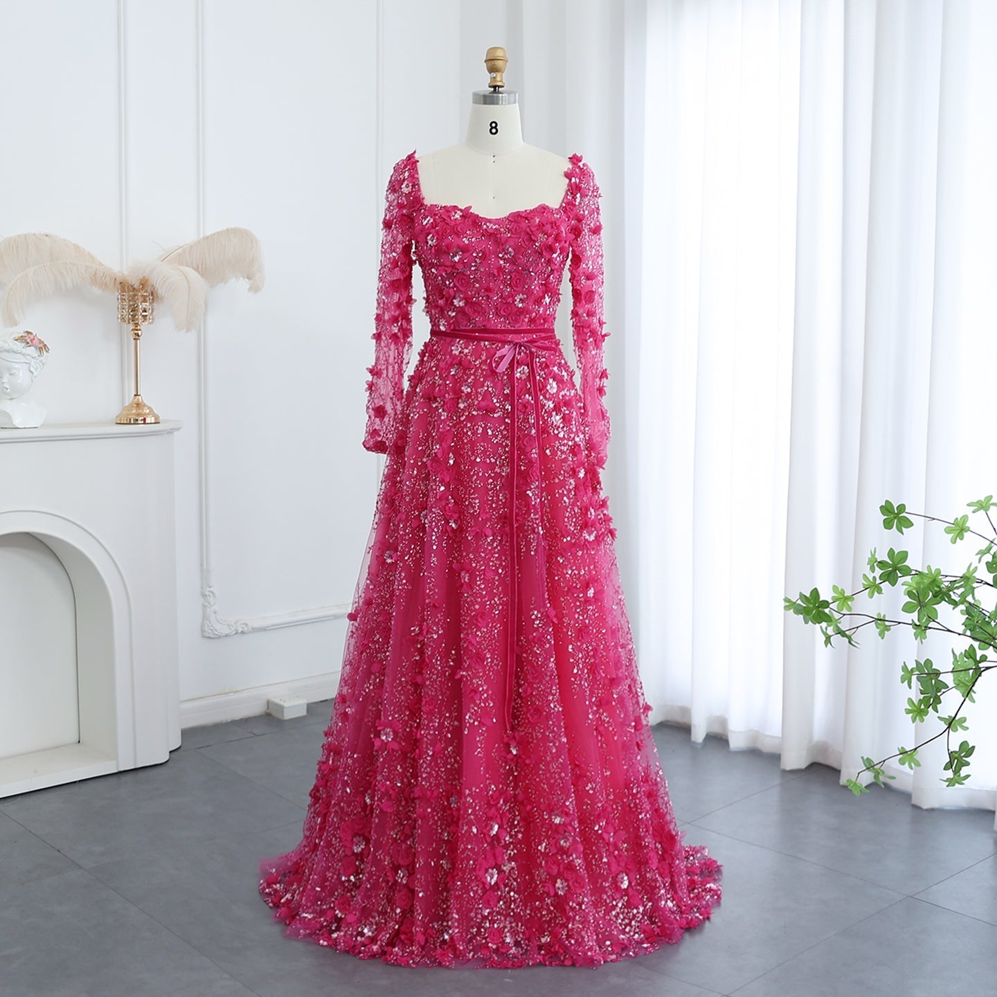 Luxury 3D Flower Gray Long Sleeves Evening Dress SS353  Fuchsia / US 20