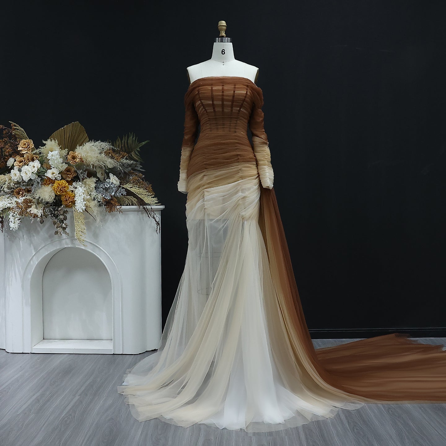 Brown Tulle Off Shoulder Evening Dress with Slit SF232