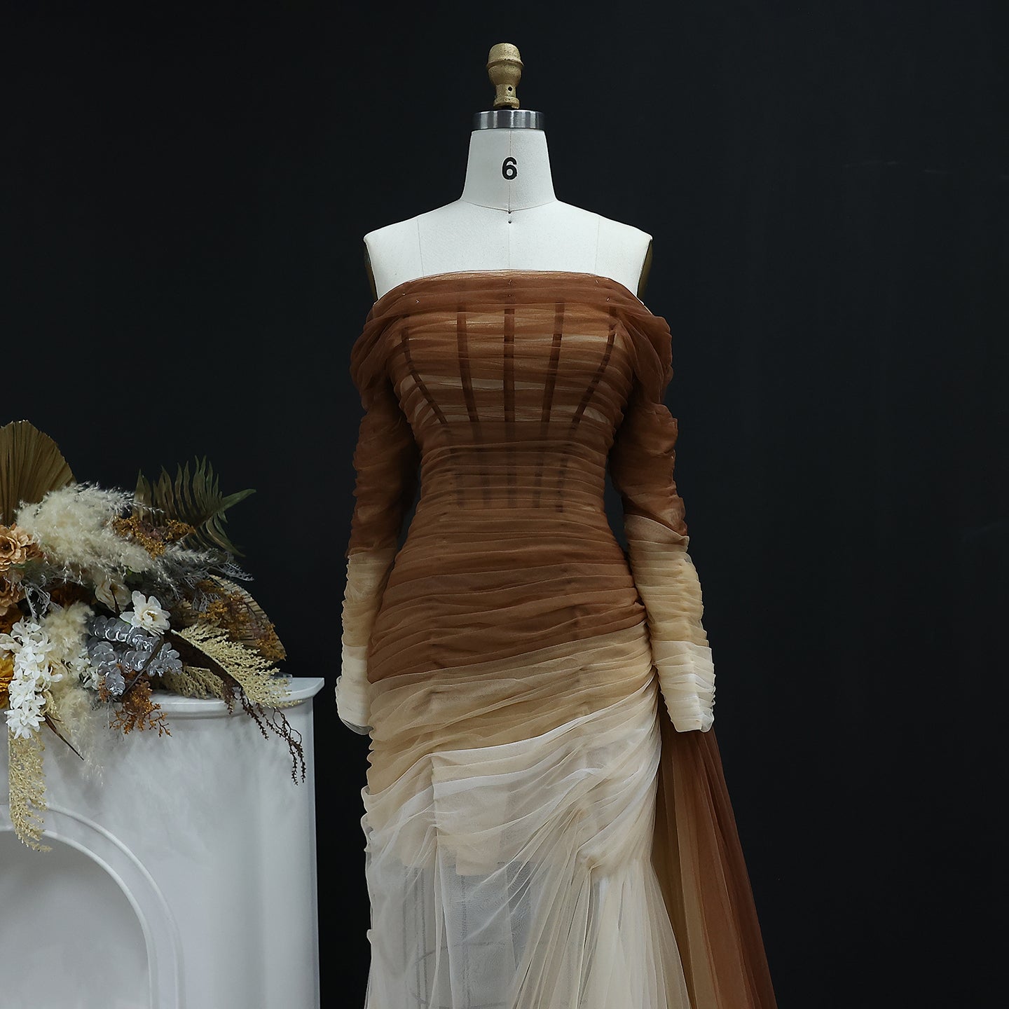 Brown Tulle Off Shoulder Evening Dress with Slit SF232