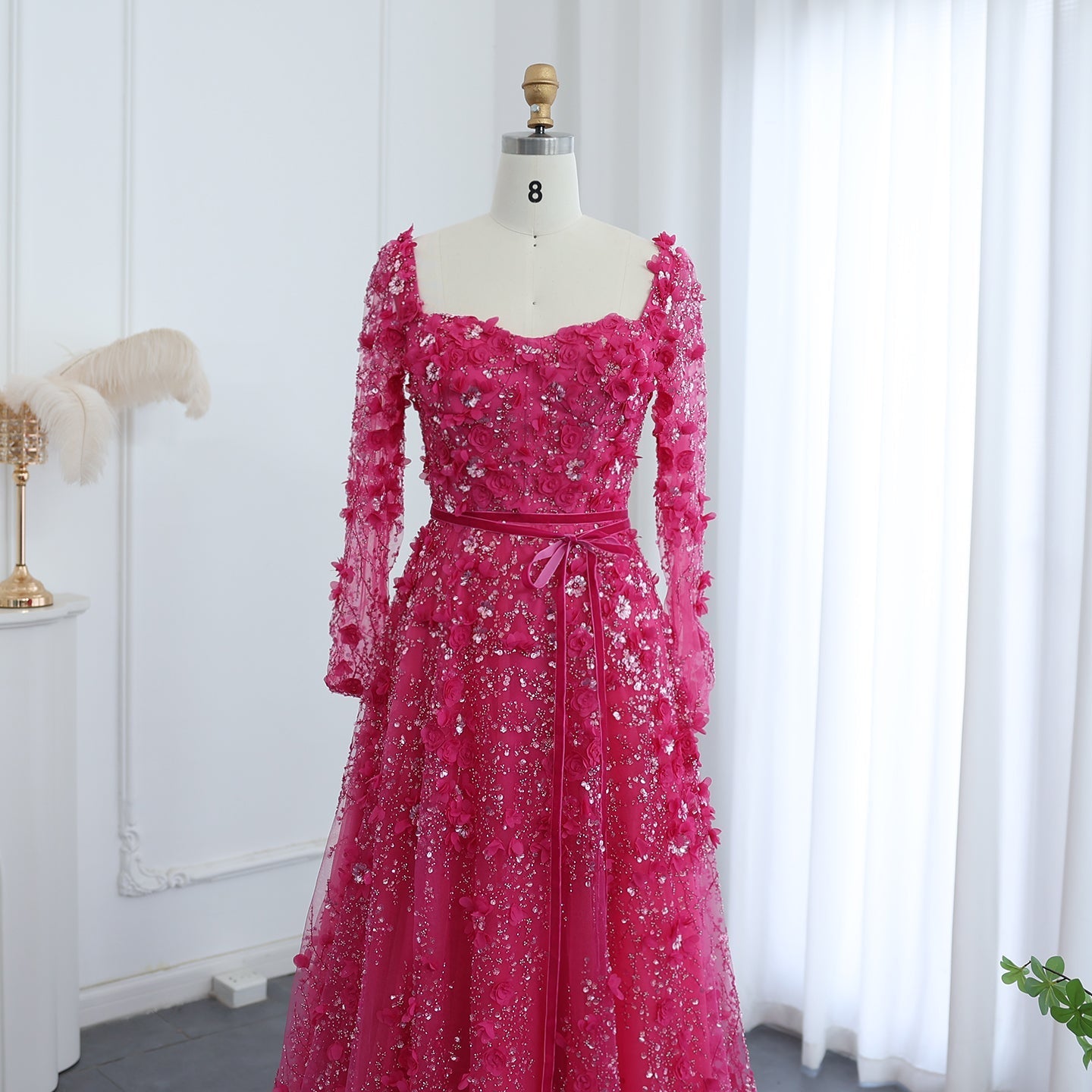 Luxury 3D Flower Gray Long Sleeves Evening Dress SS353