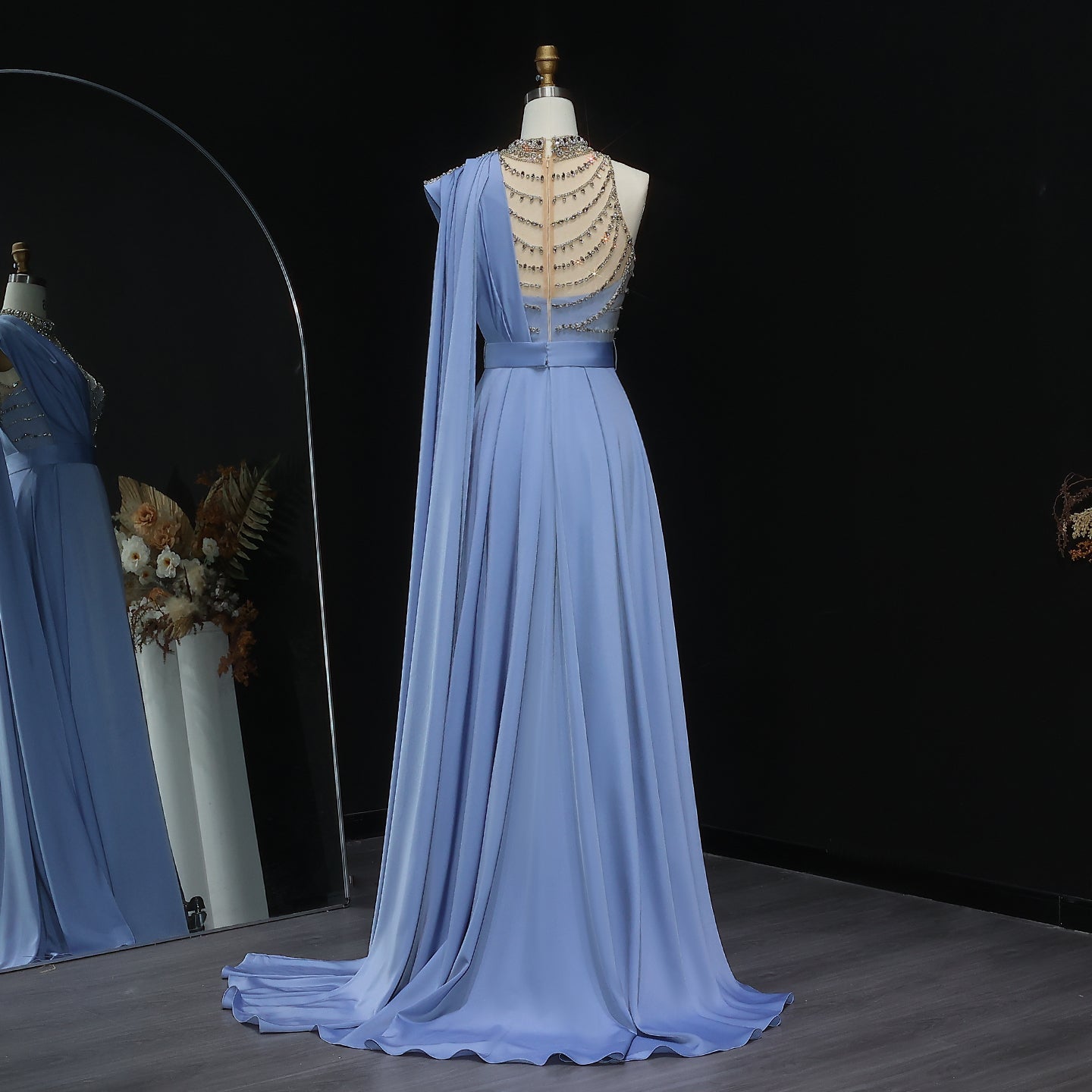 Elegant Blue Luxury Crystal Evening Gowns with Cape SS300