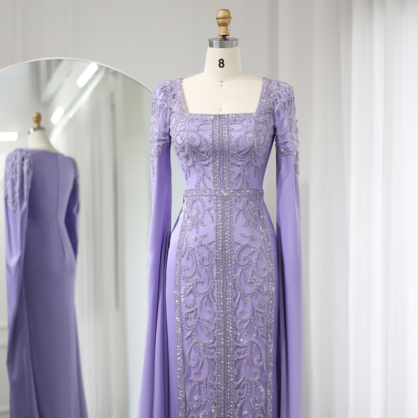 Luxury Blue Muslim Evening Dress with Cape Sleeves SS365