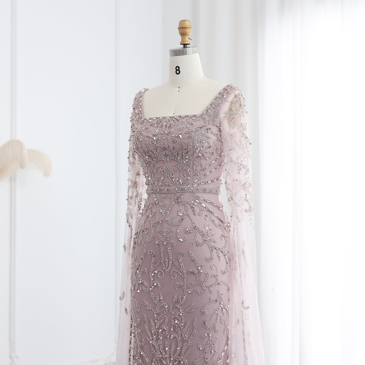 Luxury Turquoise Beaded Mermaid Evening Dress with Cape Sleeves SS469