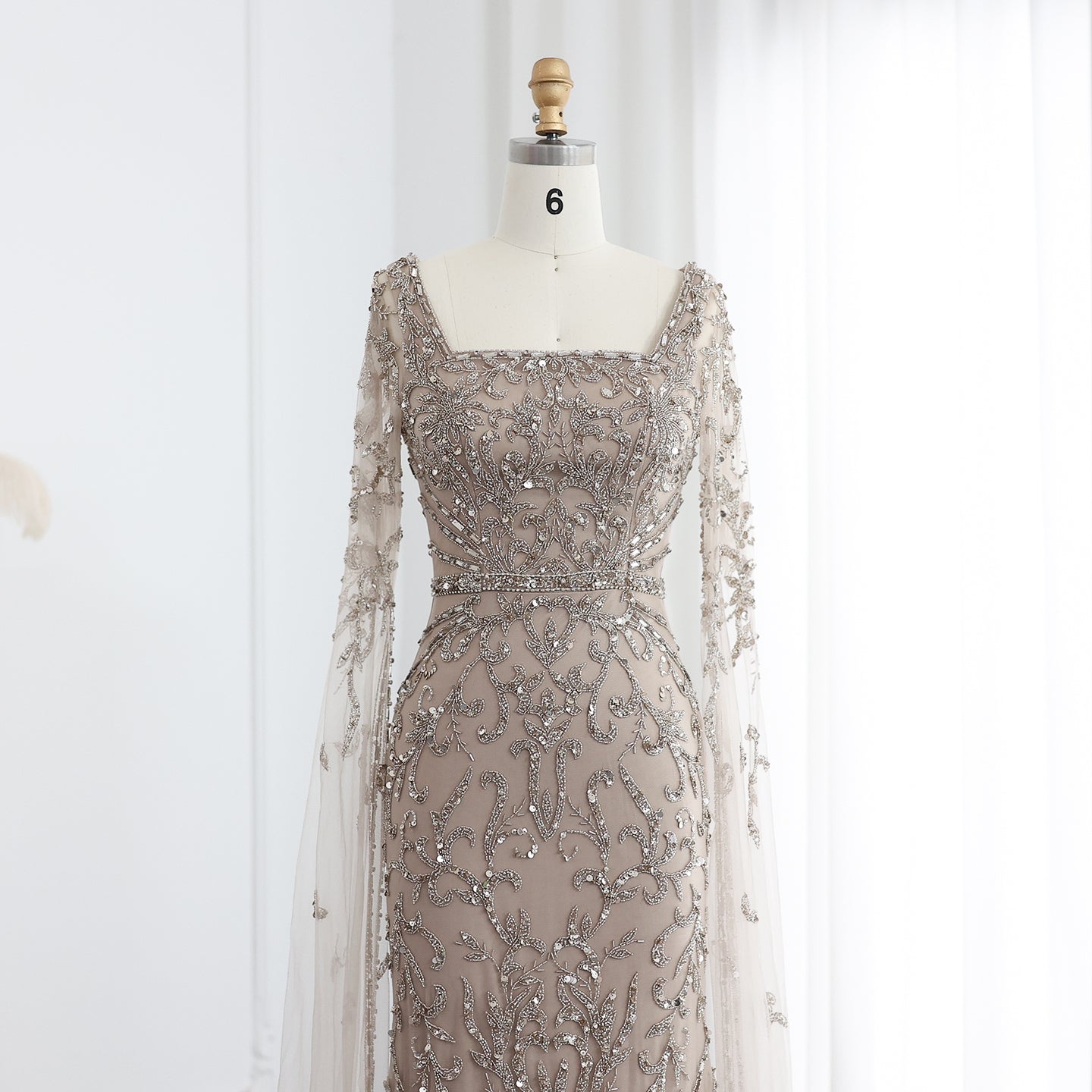 Luxury Turquoise Beaded Mermaid Evening Dress with Cape Sleeves SS469