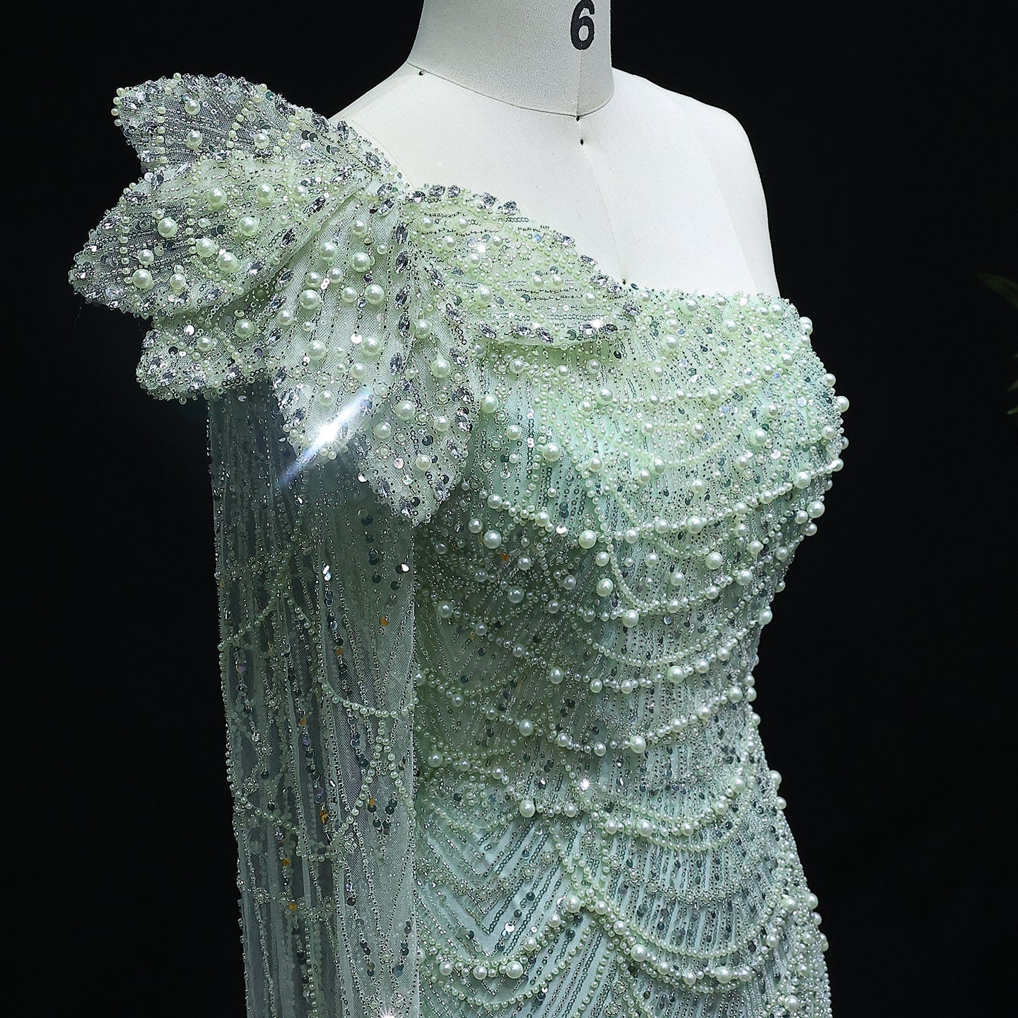 Luxury Pearls 3D Flower Green One Shoulder Evening Dress SS688