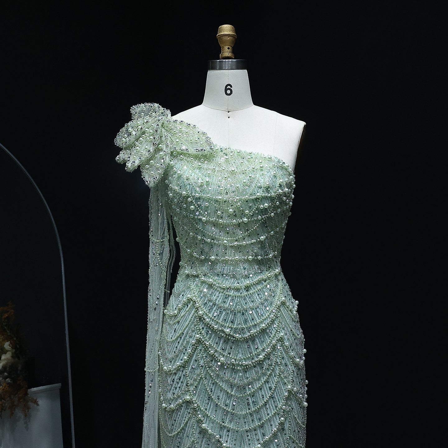 Luxury Pearls 3D Flower Green One Shoulder Evening Dress SS688