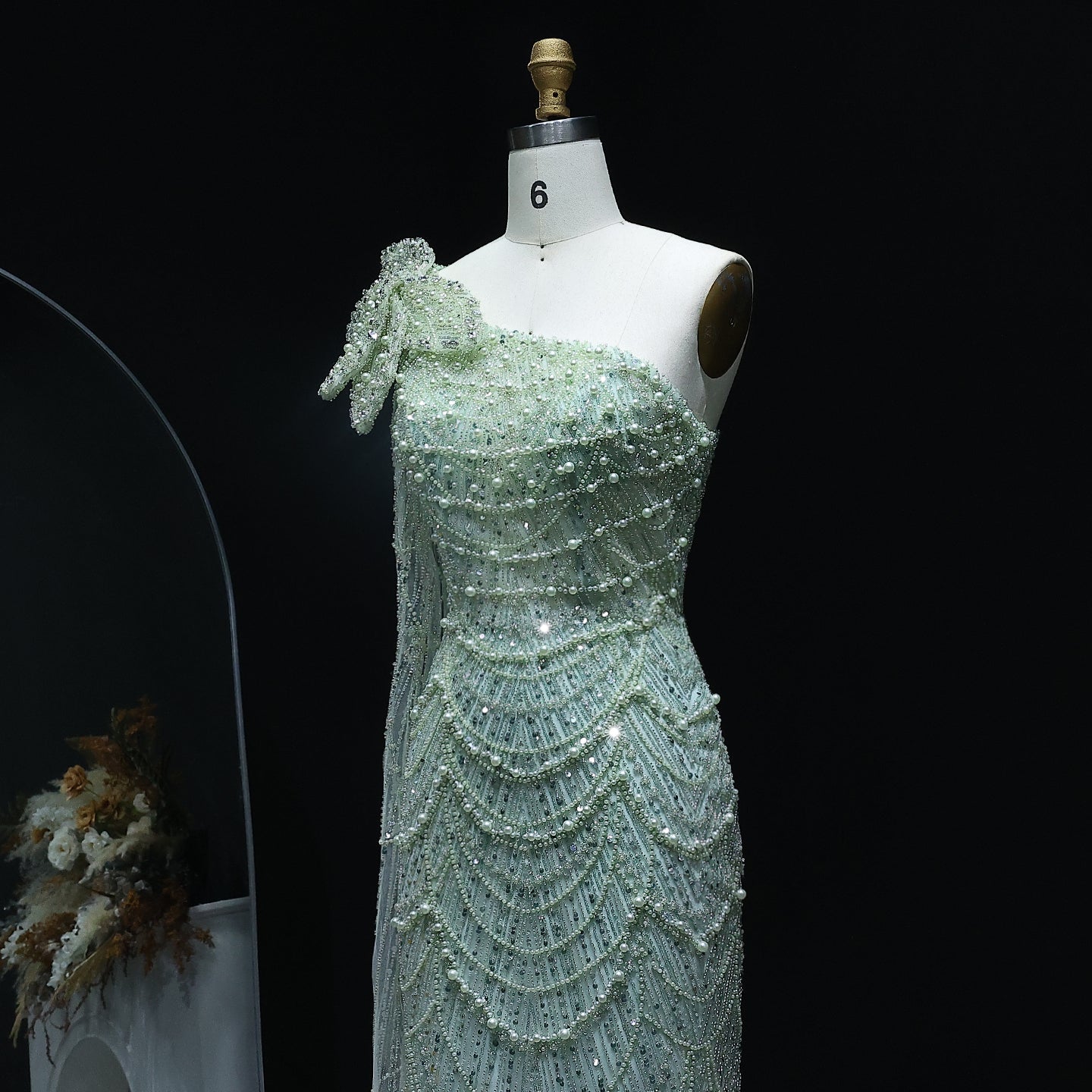 Luxury Pearls 3D Flower Green One Shoulder Evening Dress SS688
