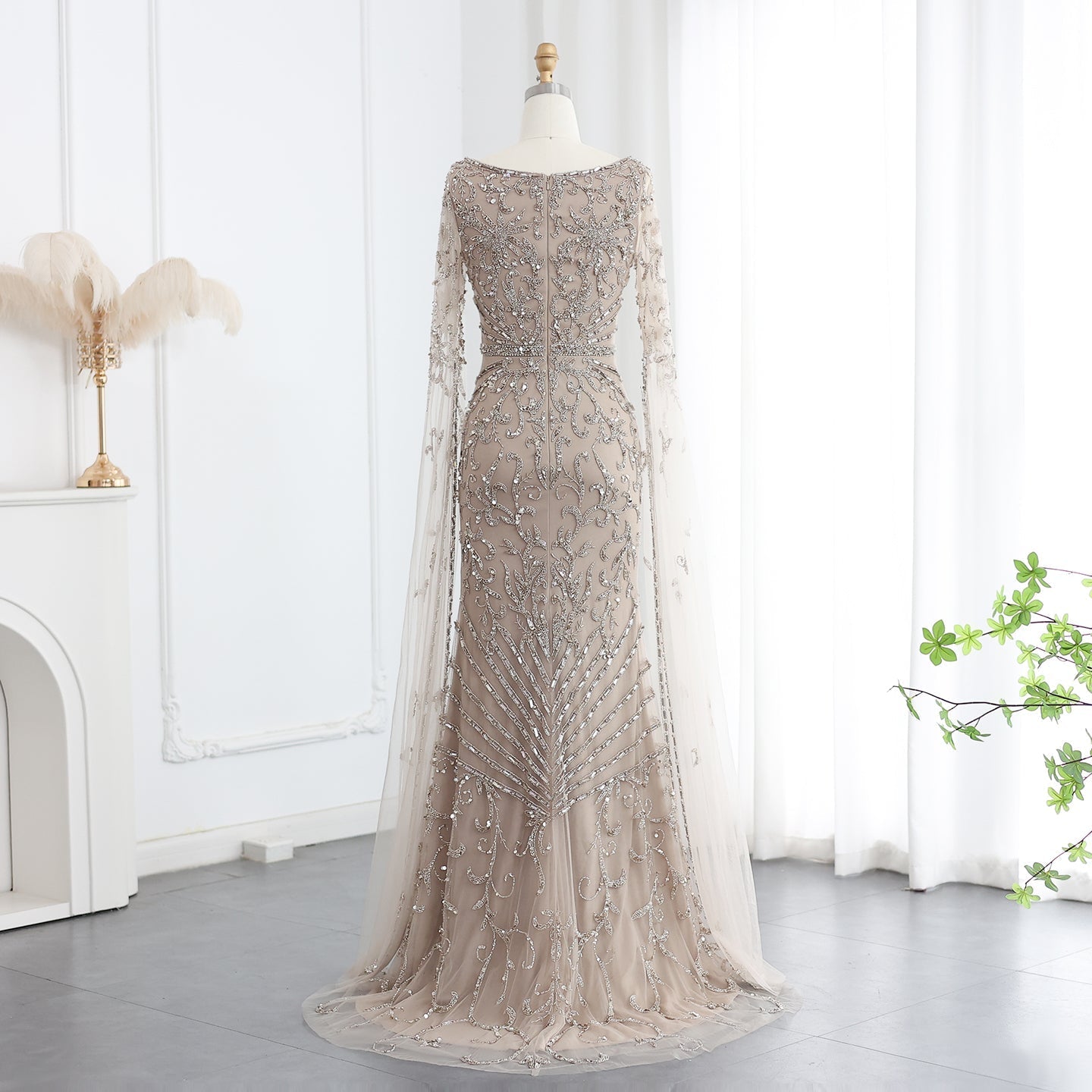 Luxury Turquoise Beaded Mermaid Evening Dress with Cape Sleeves SS469  Nude / US 18