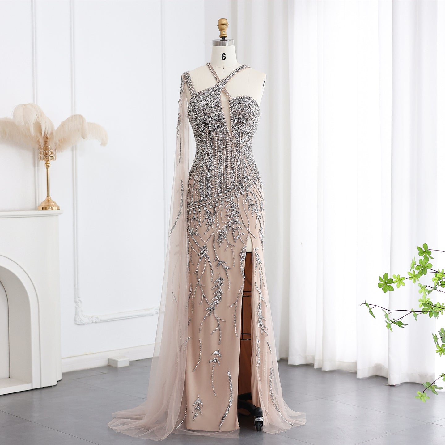 Luxury Beaded Nude One Shoulder Side Slit Evening Dress SS154  Nude / US 18
