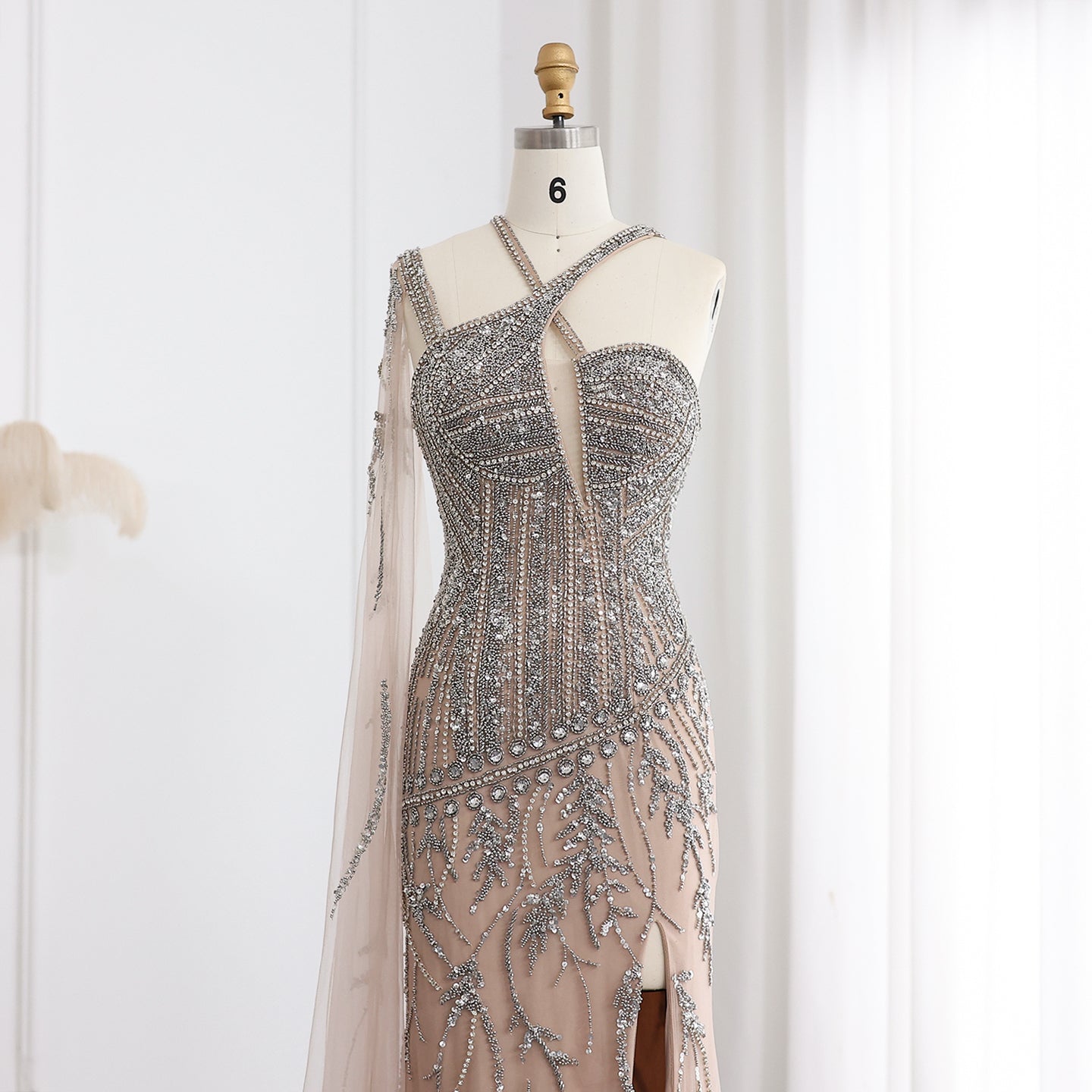 Luxury Beaded Nude One Shoulder Side Slit Evening Dress SS154