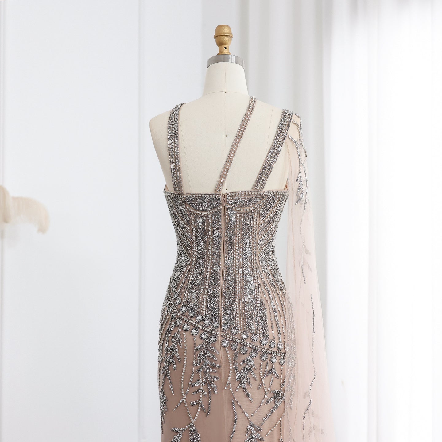 Luxury Beaded Nude One Shoulder Side Slit Evening Dress SS154