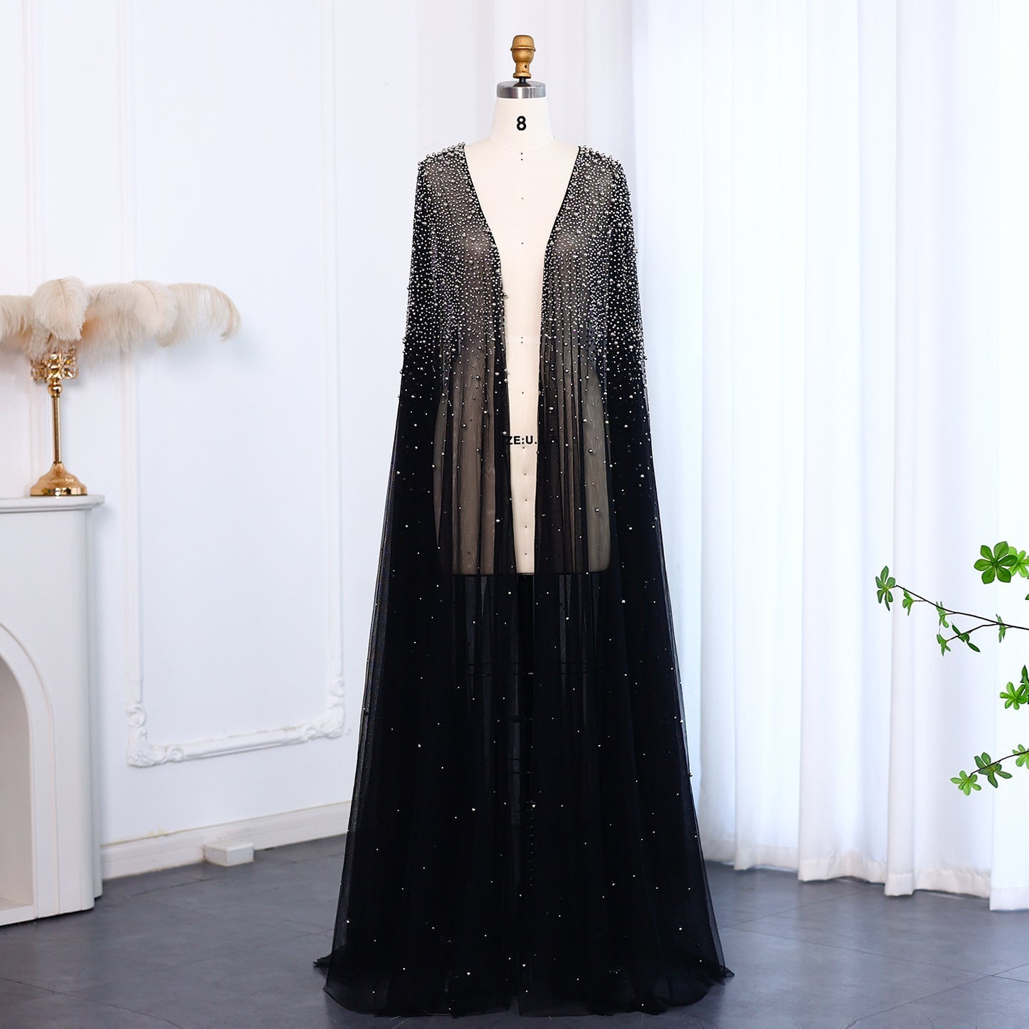 Elegant Black Beaded Long Cape Evening Dress SF082